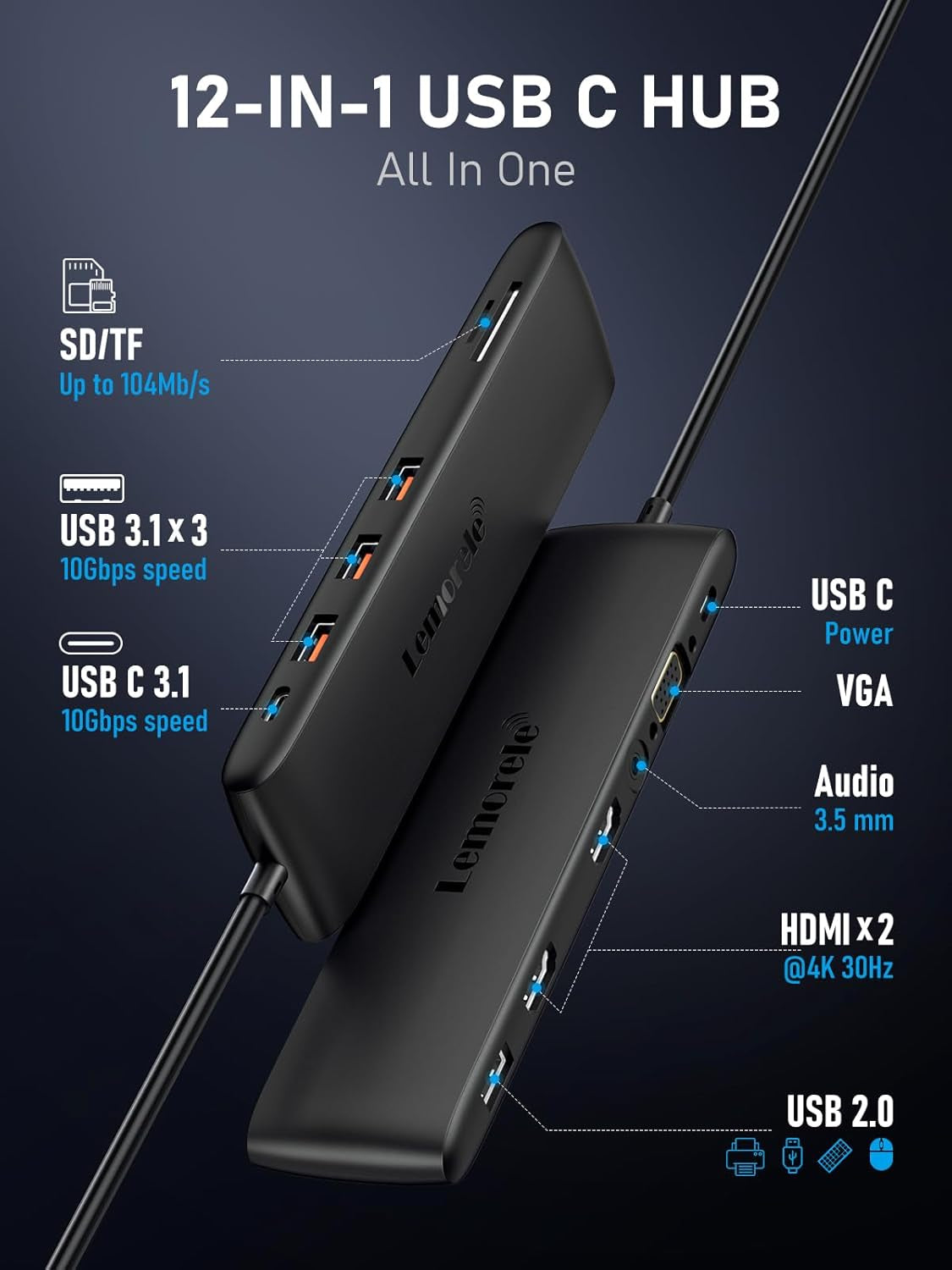 12 in 1 Laptop USB C Docking Station Dual Monitor Multiport Adapter HDMI Dock Triple Display with 2HDMI,VGA,4 10Gbps USB 3.1/2.0,USB C 3.1,PD,SD/TF,3.5MM for Hp,Surface,Macbook Laptops