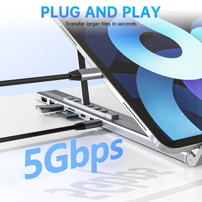USB C Laptop Stand Docking Station with 7-In-1 HUB USB3.0 4K HDMI SD TF Card Reader Aluminium Adjustable Bracket for PC Notebook