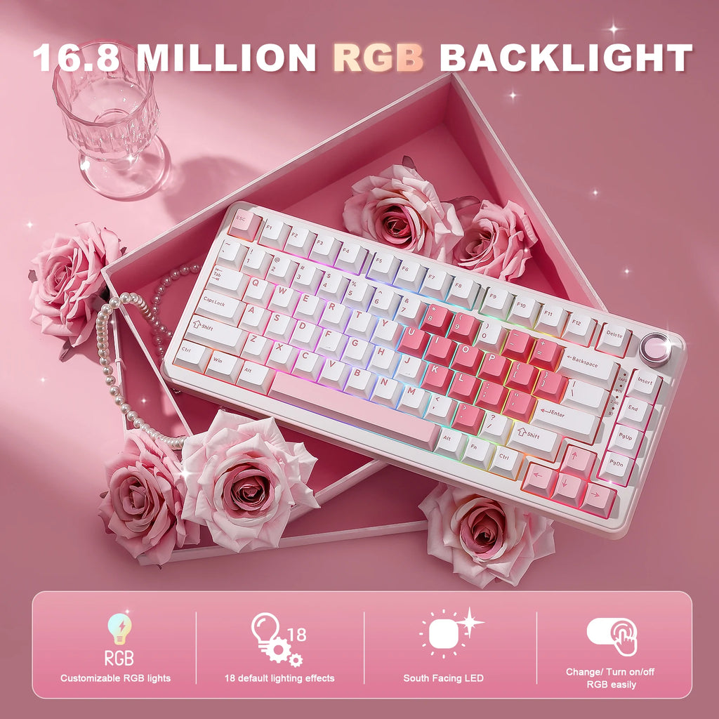 B75 PRO White Heart Mechanical Gaming Keyboard, Gasket 75 Knob RGB Keyboard, Triple Mode Hot-Swap Custom Creamy Keyboard