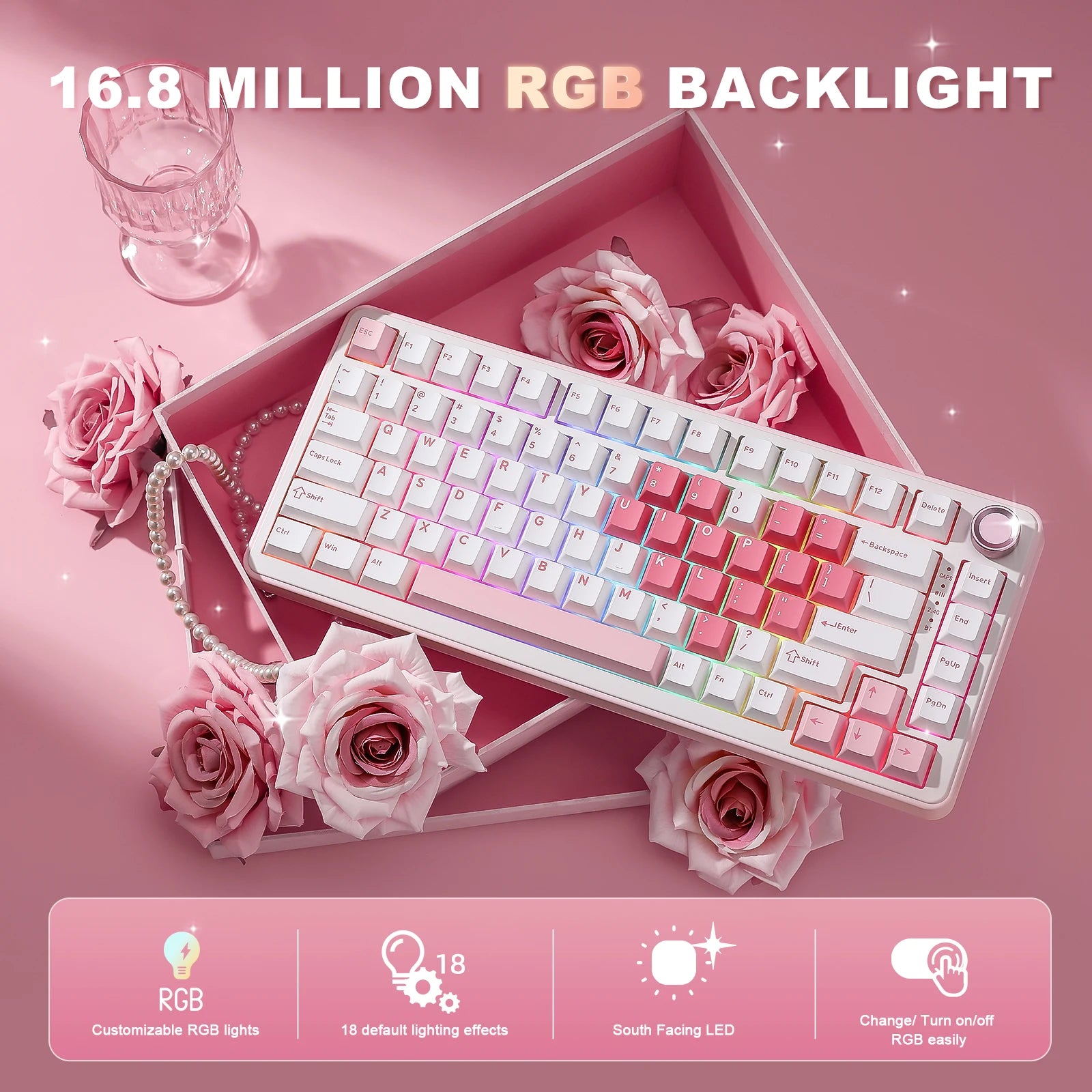 B75 PRO White Heart Mechanical Gaming Keyboard, Gasket 75 Knob RGB Keyboard, Triple Mode Hot-Swap Custom Creamy Keyboard