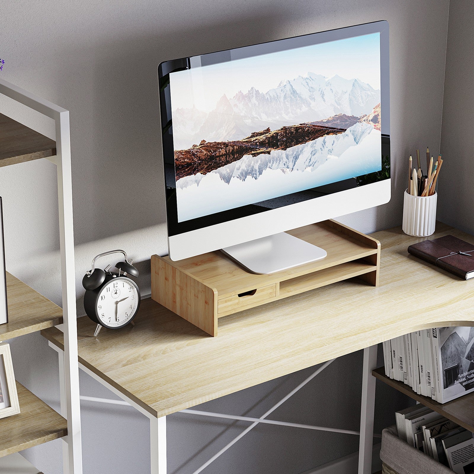 Monitor Riser Laptop PC Plinth Stand Organiser Computer Screen W/ Drawer Bamboo