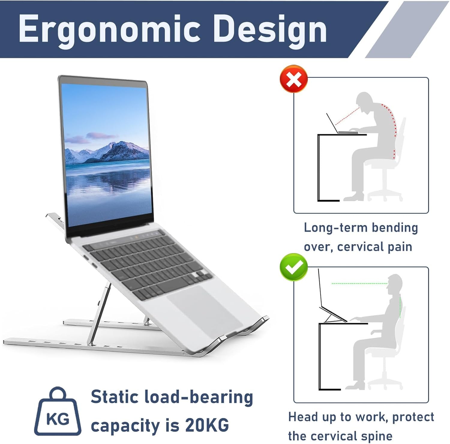 Laptop Stand for Desk, Adjustable Laptop Riser, Foldable Portable Aluminum Riser for Laptop & Tablet, Ergonomic Computer Holder for Home Office, 7 Adjustable Angles, Non Slip Heat Dissipation, 10-20”