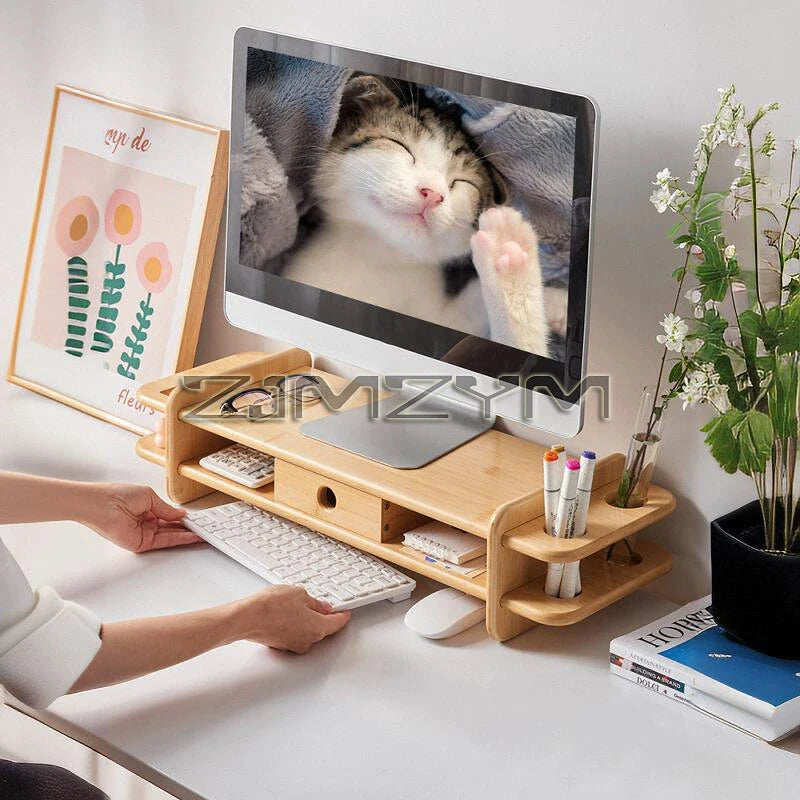 Monitor Stand Riser Bamboo Monitor Holder Desk Support Keyboard Mouse Organizer PC Screen Stand Office Storage
