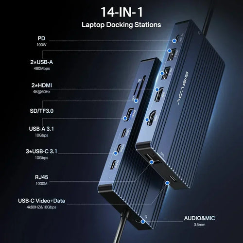 14-In-1 USB C Hub Docking Station 100W PD 4K60Hz HDMI 10Gbps Ports Gigabit Ethernet, SD/TF Card Reader for Macbook/Laptop