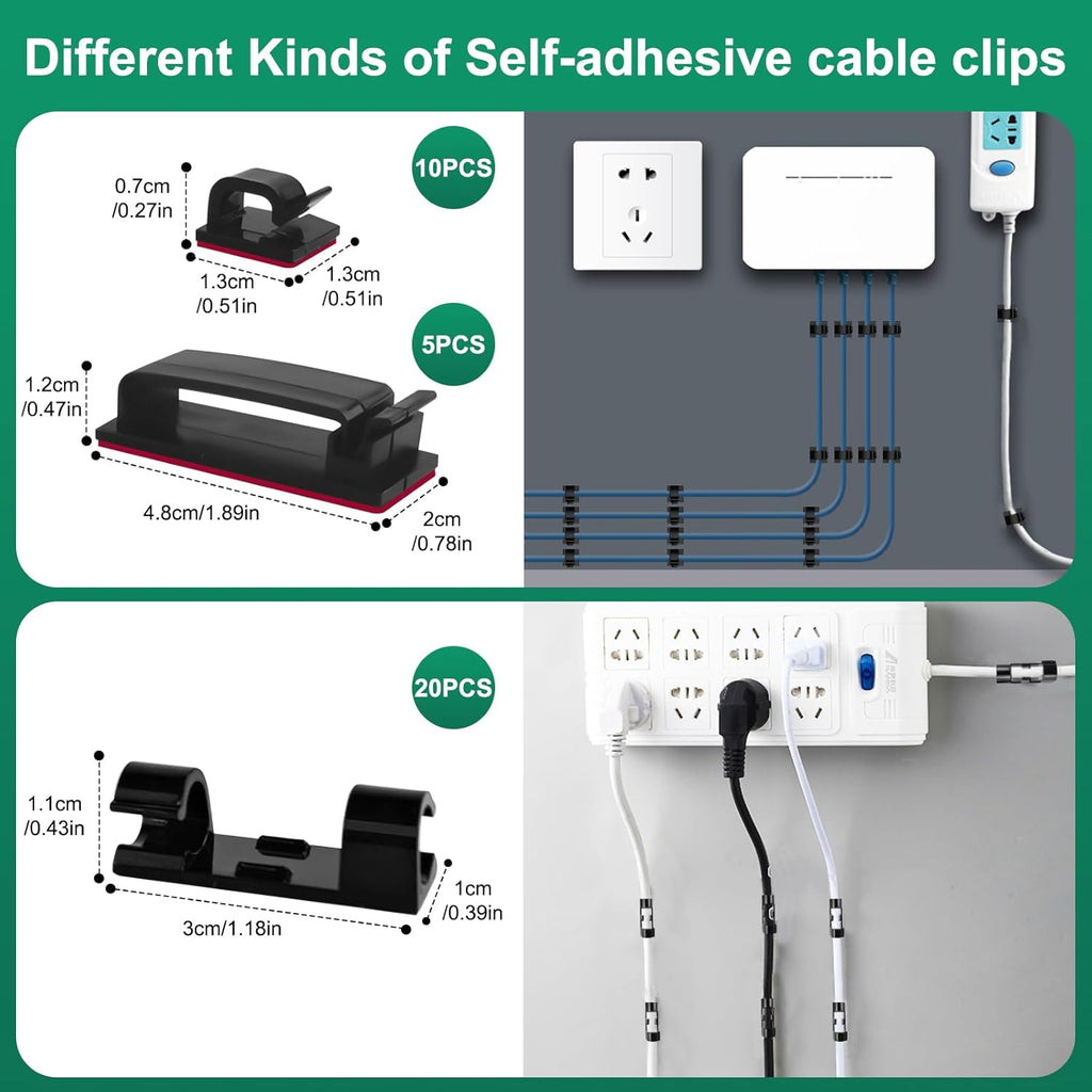 Omscun Cable Management Kit, 157 Pcs Cable Management, Cable Organiser with 5 Silicone Cable Holders, 15 Cable Clamps Self-Adhesive, 100 Cable Ties, 20 Self-Adhesive Cable Clamps