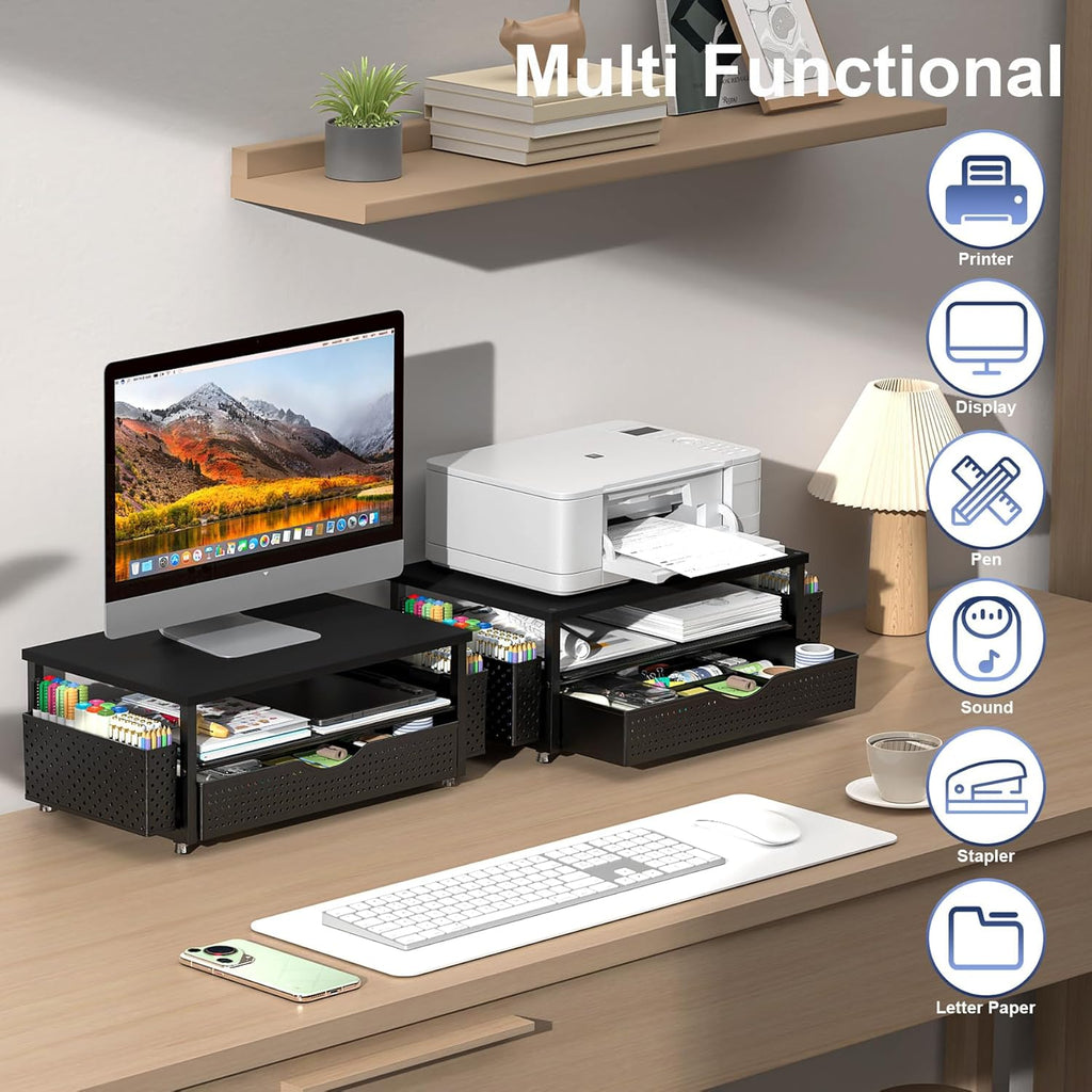 Monitor Stand with Drawer, Desk Organiser and Accessories, 2-Tier Computer Monitor Stand Riser with Drawer and 2 Pen Holder, Laptop Stand, Office Desk Accessories for Desk Tidy