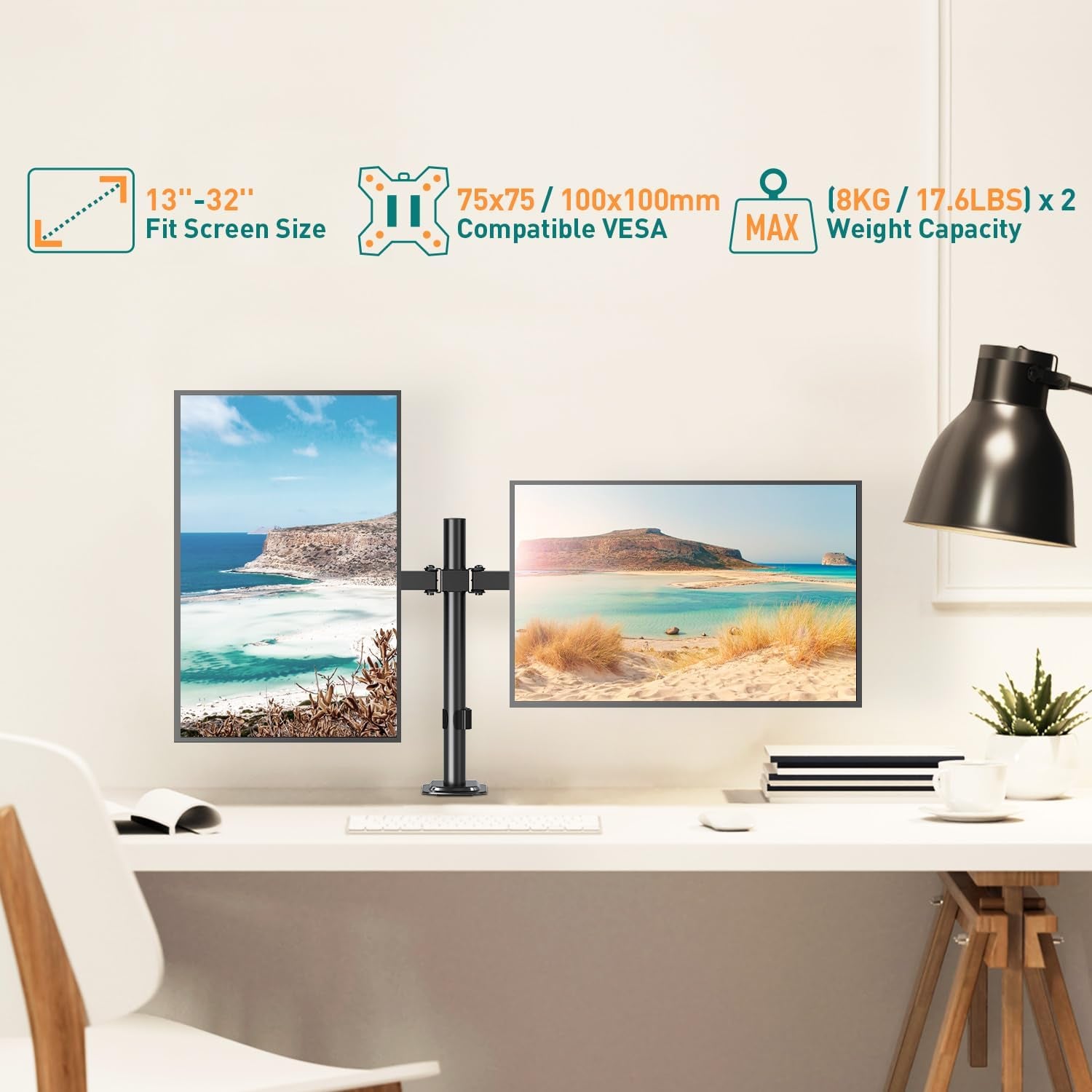 Dual Monitor Arms for 13-32 Inch LED LCD Screens, Flat/Curved, VESA 75/100Mm, Adjustable Height, Tilt & Swivel, up to 8KG
