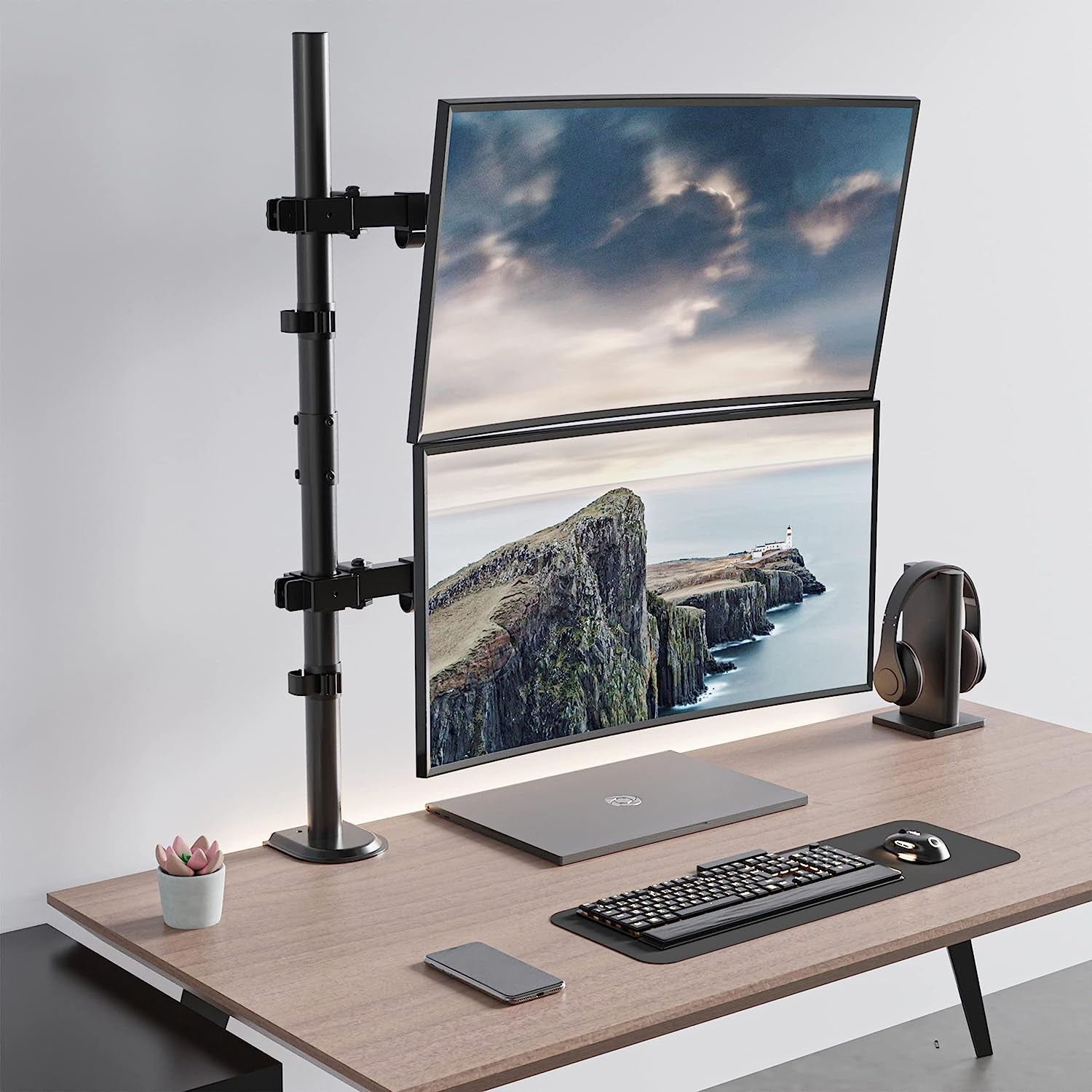 Dual Monitor Stand- Vertical Stack Monitor Desk Mount for Two Screens up to 32 Inch Height Adjustable Screen Supports with Swivel, Tilt, Rotation, C-Clamp and Grommet Bases