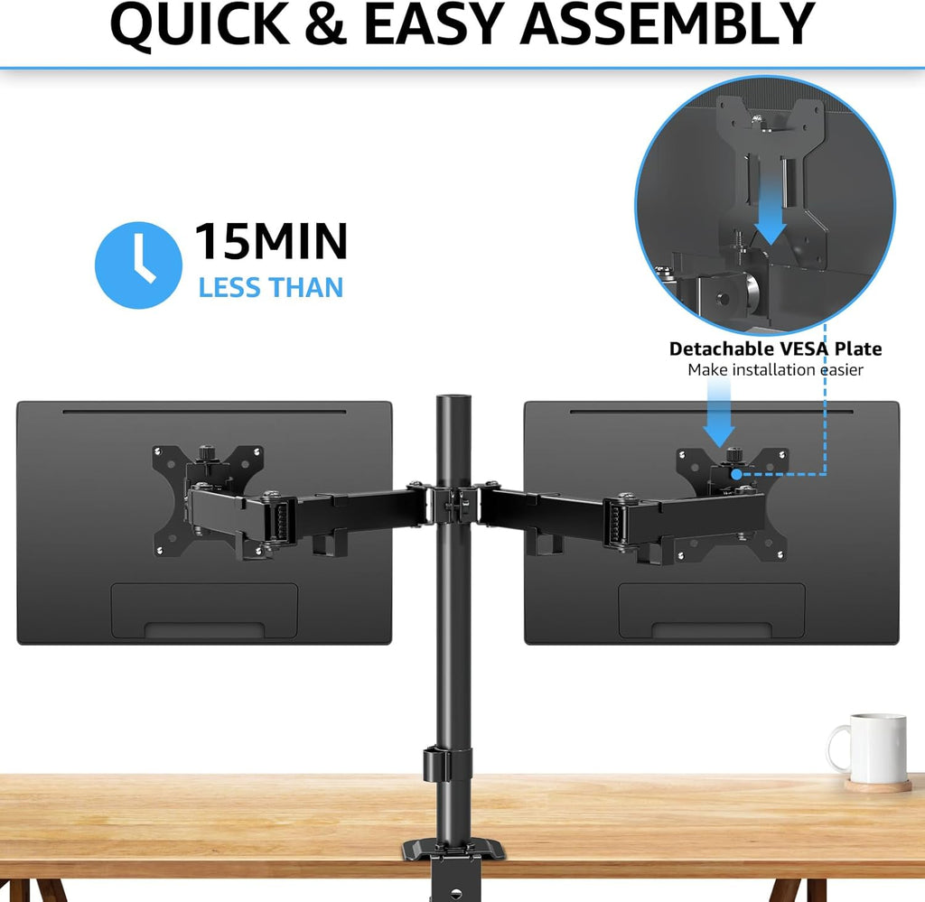 Dual Monitor Stand, Adjustable Monitor Arm Desk Mount for 13-32 Inch Screens, Double Arm with Tilt Swivel Rotate, VESA: 75X75Mm & 100X100Mm, EU0002