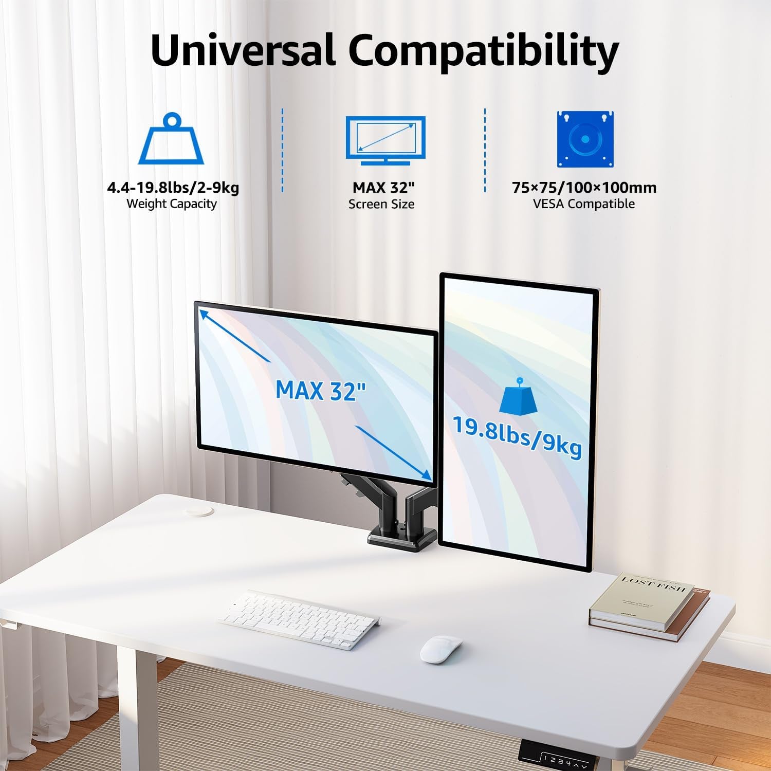 Dual Monitor Arm Desk Mount for 13 to 32 Inch Screens, Monitor Arms for 2-9Kg Computer Screens, Height Adjustable Stand with Tilt, Swivel, and Rotation,Vesa 75 & 100 Mm, EU8014B