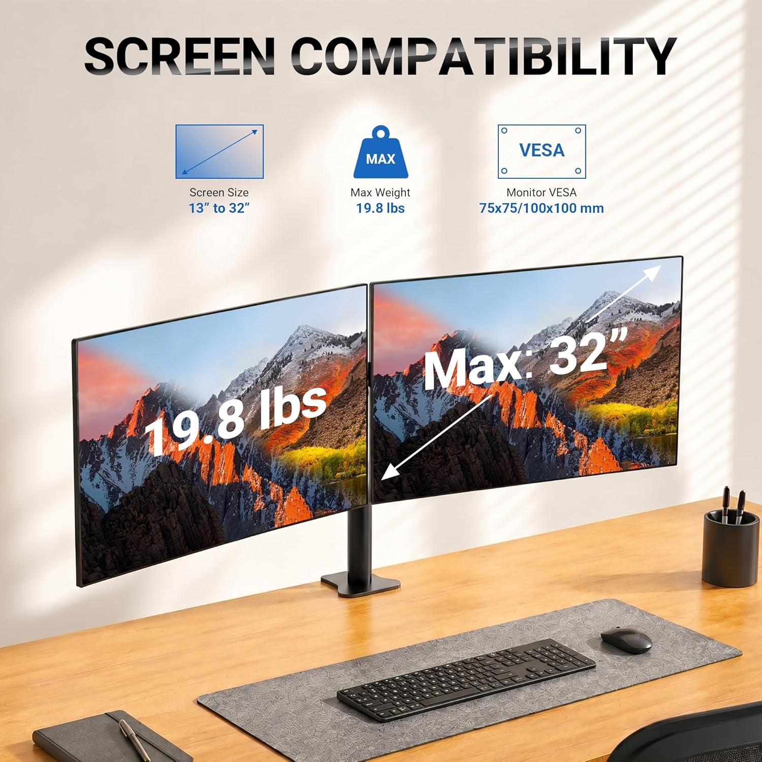 Dual Monitor Arm for 13-32 Inch Screens, Dual Monitor Stand for Desks Mount, Height Adjustable, Rotate 360° Tilt ±90° Swivel ±90° , VESA 75/100Mm, MAX. 9KG, GB2001-2