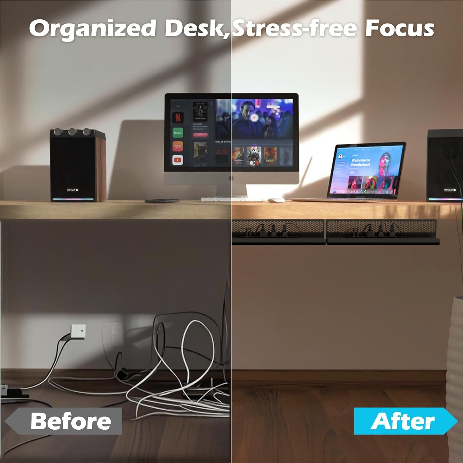 under Desk Cable Management Tray - 4 Pack Cable Management under Desk, Management Tray for Tidy Office and Home (Black)