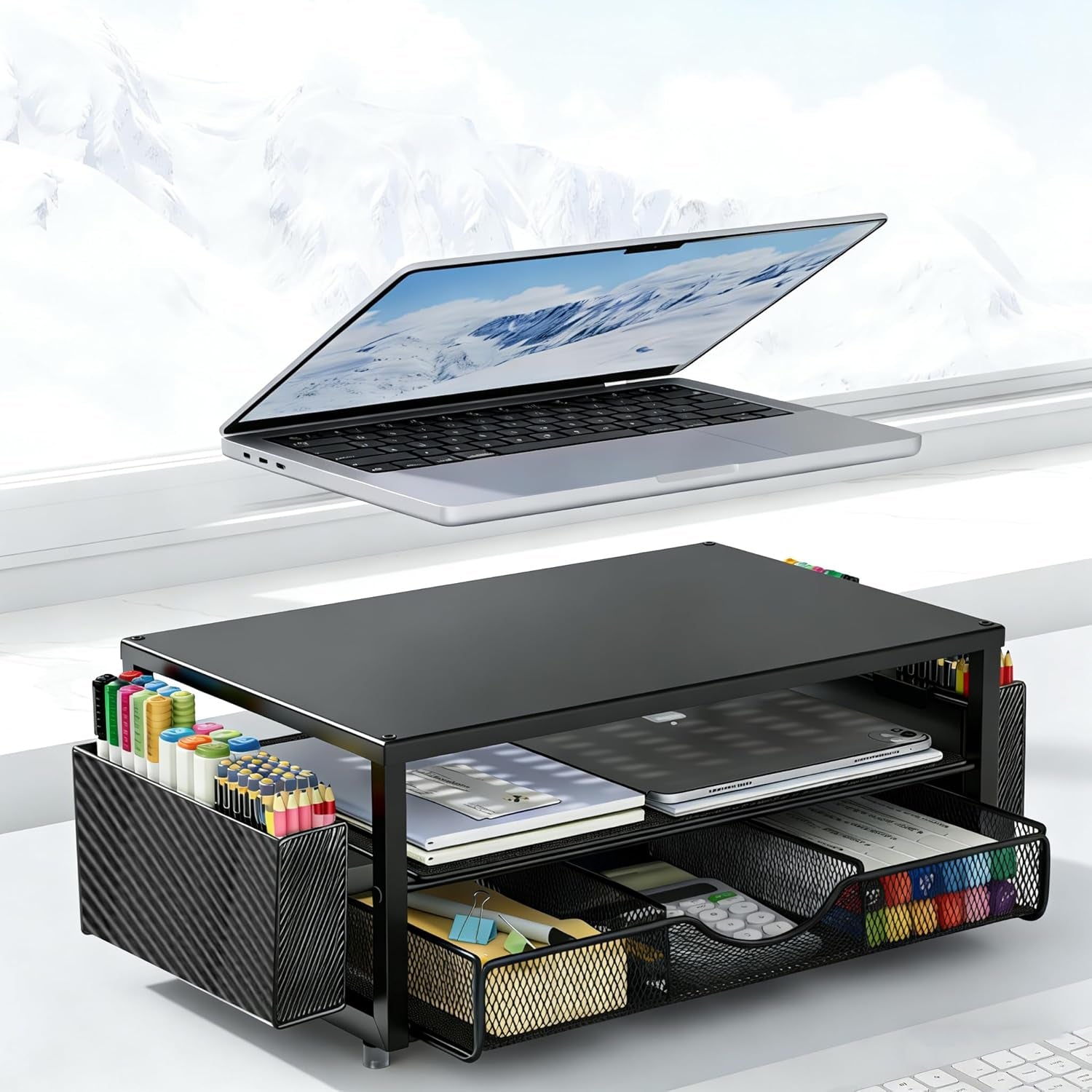Monitor Stand with Drawer, Desk Organiser and Accessories, 2-Tier Computer Monitor Stand Riser with Drawer and 2 Pen Holder, Laptop Stand, Office Desk Accessories for Desk Tidy
