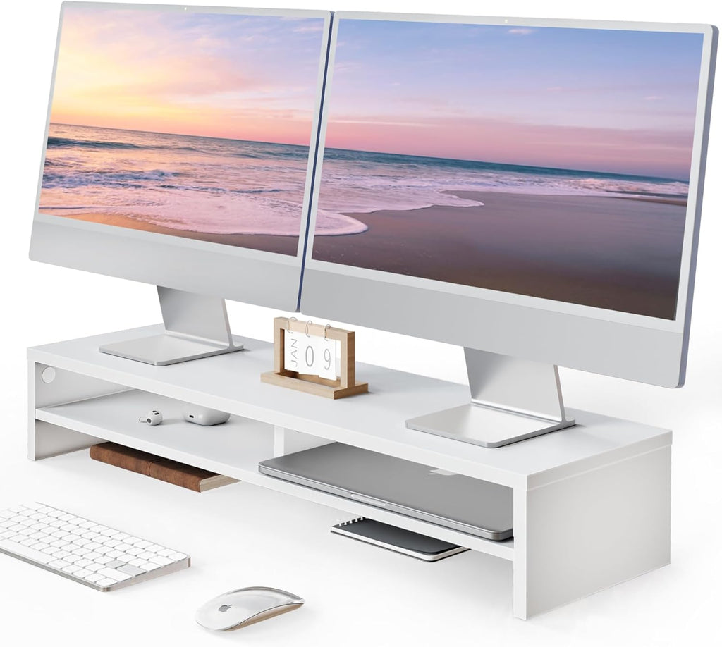 Monitor Stand Riser 2 Tiers Computer Monitor Stand Wood Desk Organizer for Pc/Laptop/Printer/Tv 80X23.5X14.2Cm Max Load 25KG Brown (White)