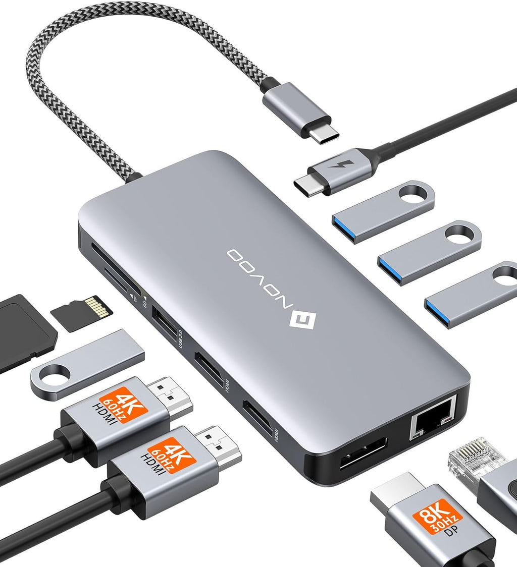 USB C Docking Station Triple Display -  RM11 Pro 11-In-1 USB C Dock with 8K@30Hz DP, Dual 4K@60Hz HDMI, 100W PD, RJ45 Ethernet, 3 USB-A 3.0 Ports, SD/TF Card Slots for Laptop and Macbook