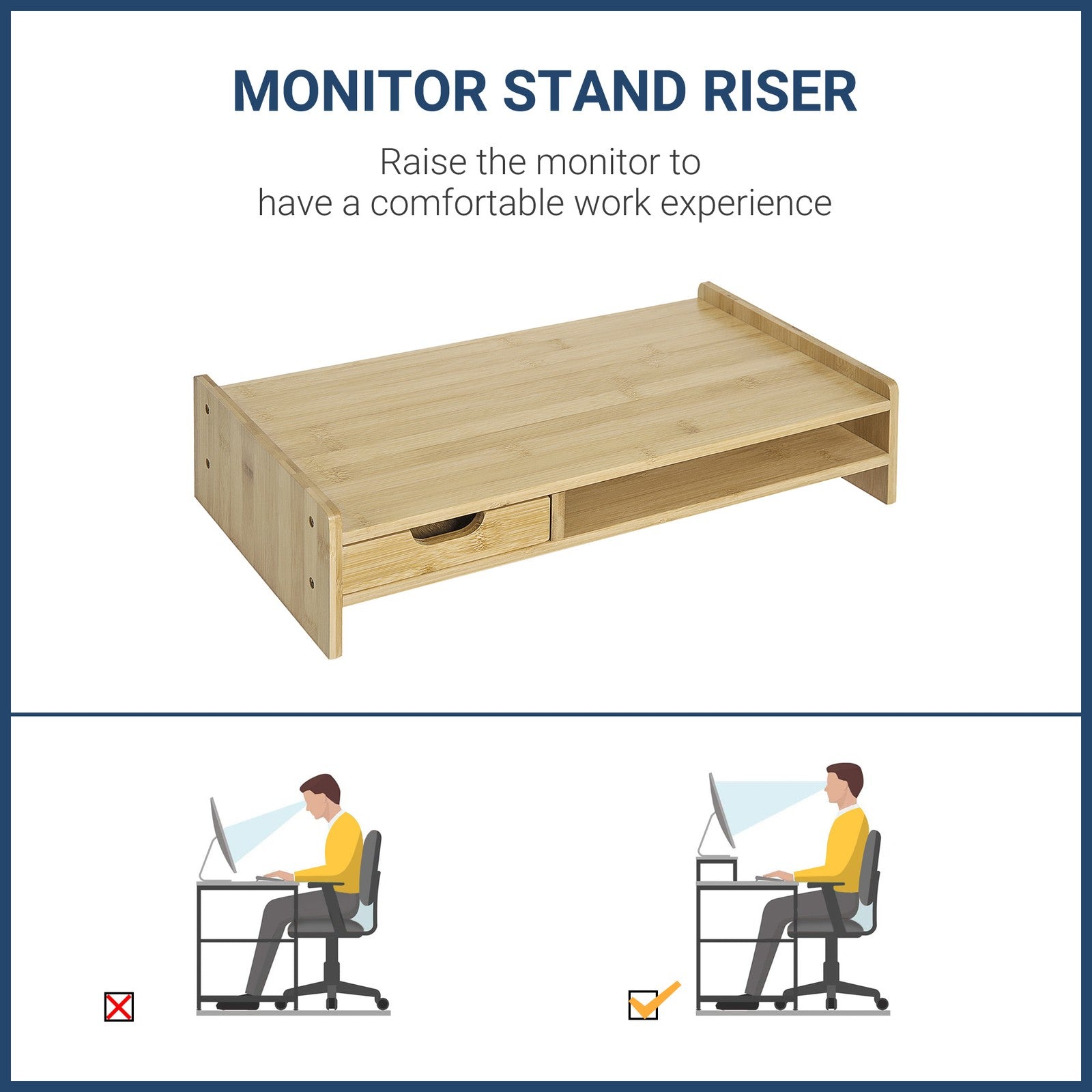 Monitor Riser Laptop PC Plinth Stand Organiser Computer Screen W/ Drawer Bamboo