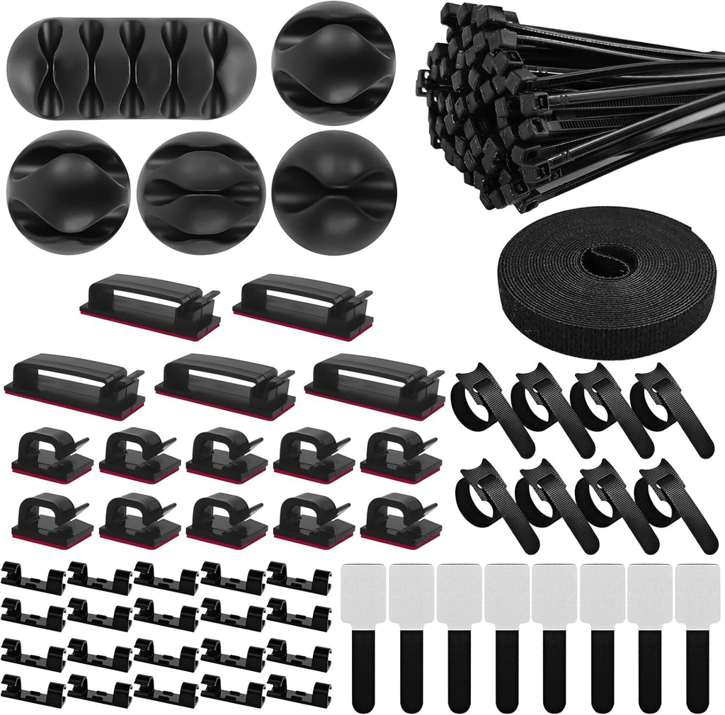 Omscun Cable Management Kit, 157 Pcs Cable Management, Cable Organiser with 5 Silicone Cable Holders, 15 Cable Clamps Self-Adhesive, 100 Cable Ties, 20 Self-Adhesive Cable Clamps