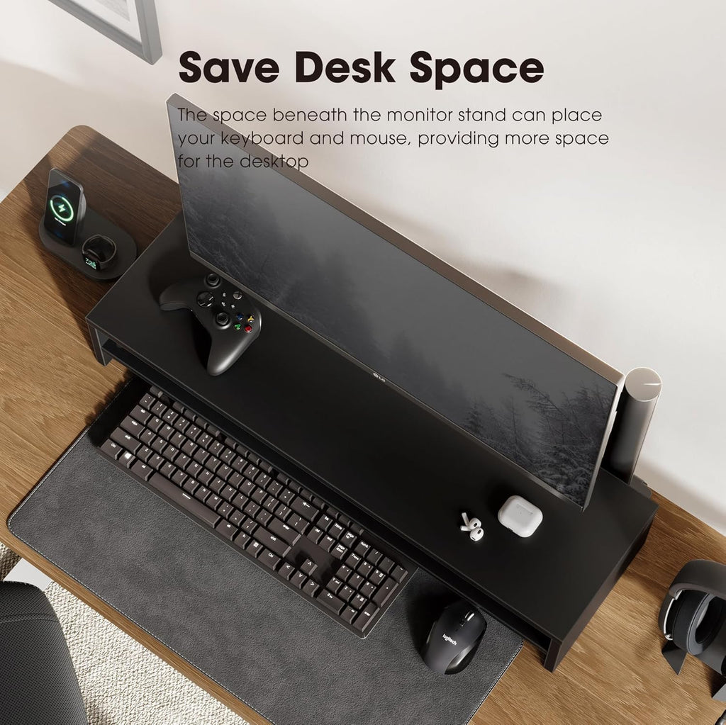 Monitor Stand Riser 2 Tiers Computer Monitor Stand Wood Desk Organizer for Pc/Laptop/Printer/Tv 80X23.5X14.2Cm Max Load 25KG Brown (Black)