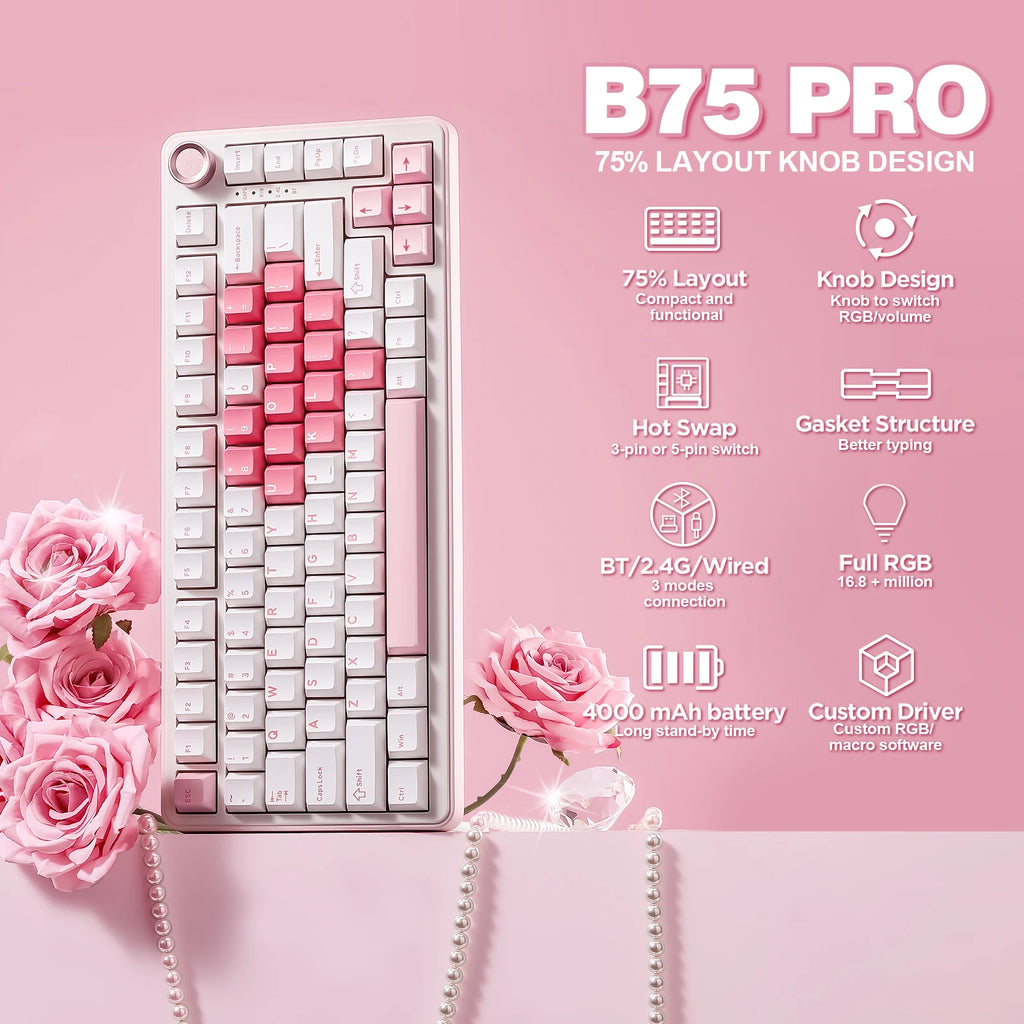 B75 PRO White Heart Mechanical Gaming Keyboard, Gasket 75 Knob RGB Keyboard, Triple Mode Hot-Swap Custom Creamy Keyboard