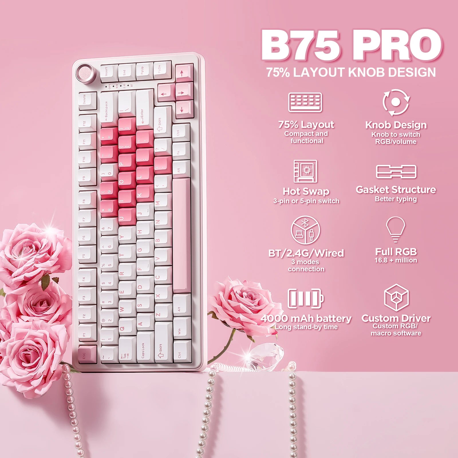 B75 PRO White Heart Mechanical Gaming Keyboard, Gasket 75 Knob RGB Keyboard, Triple Mode Hot-Swap Custom Creamy Keyboard