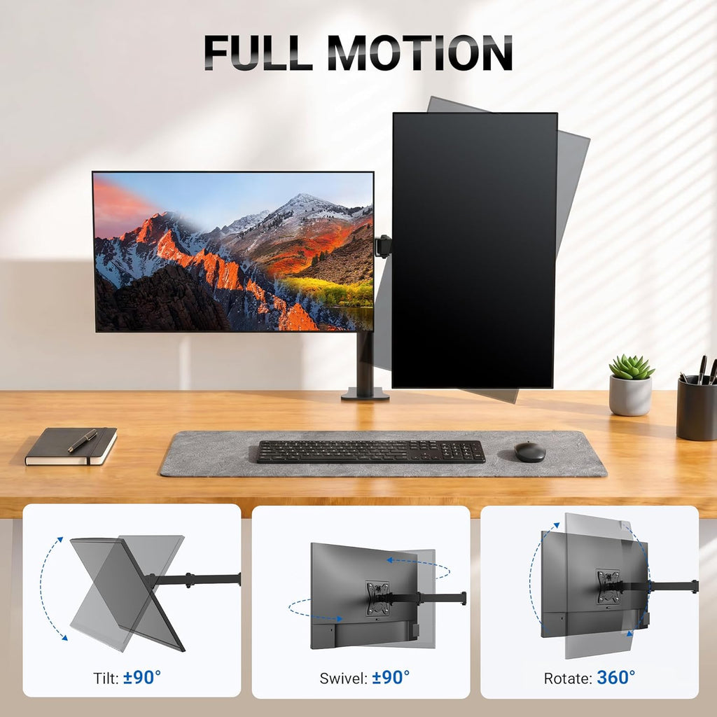 Dual Monitor Arm for 13-32 Inch Screens, Dual Monitor Stand for Desks Mount, Height Adjustable, Rotate 360° Tilt ±90° Swivel ±90° , VESA 75/100Mm, MAX. 9KG, GB2001-2
