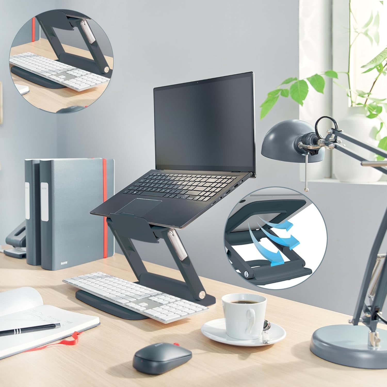 Height Adjustable Multi-Angle Laptop Stand, 80% Recycled Plastic, Six Pre-Set Height & Angle Combinations, Compact Footprint, 100% Recyclable, Ergo Range, Dark Grey, 64240089