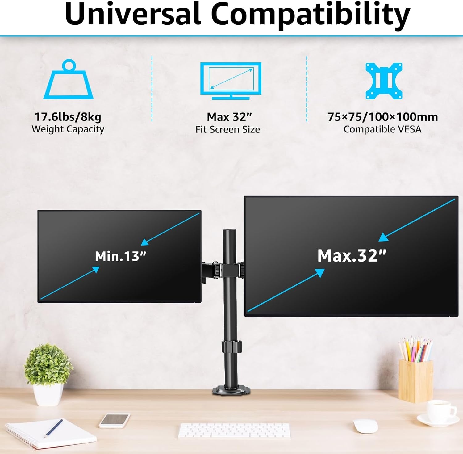 Dual Monitor Stand, Adjustable Monitor Arm Desk Mount for 13-32 Inch Screens, Double Arm with Tilt Swivel Rotate, VESA: 75X75Mm & 100X100Mm, EU0002