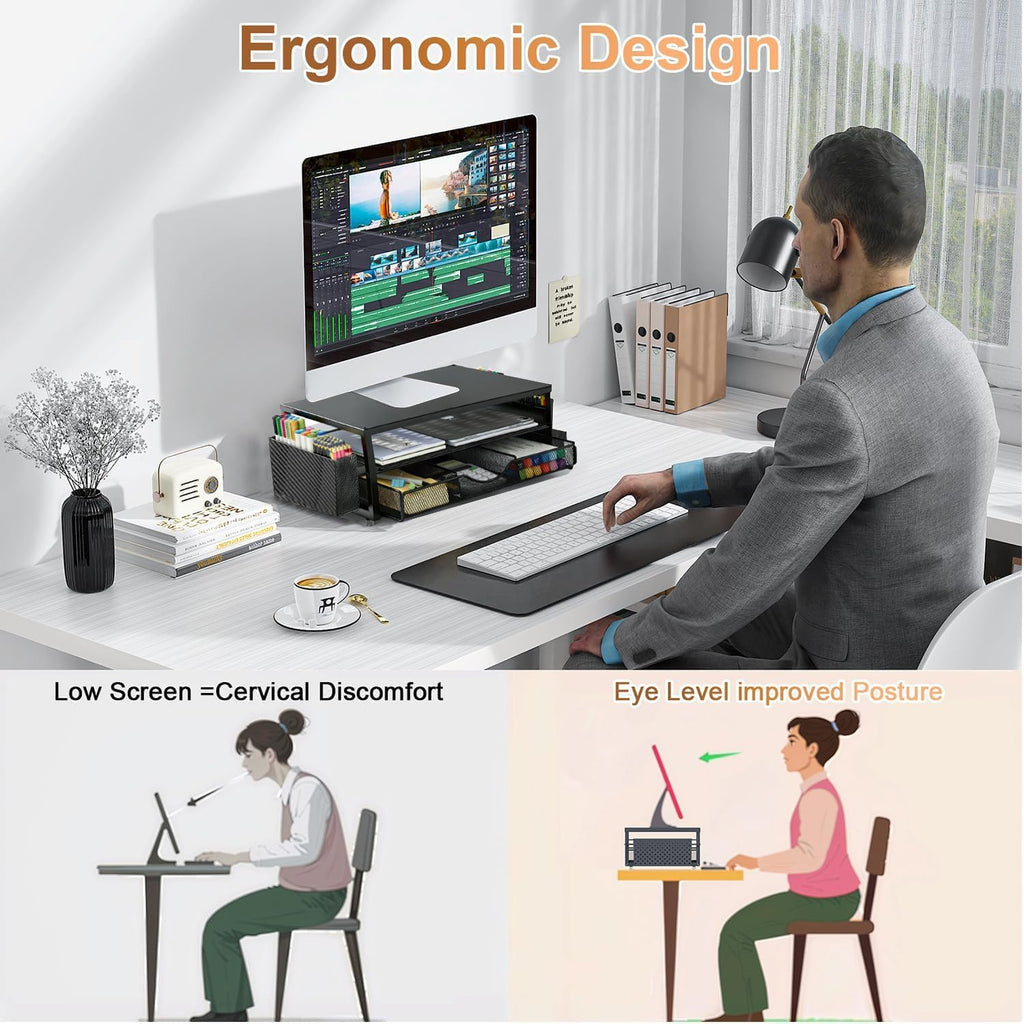 Monitor Stand with Drawer, Desk Organiser and Accessories, 2-Tier Computer Monitor Stand Riser with Drawer and 2 Pen Holder, Laptop Stand, Office Desk Accessories for Desk Tidy