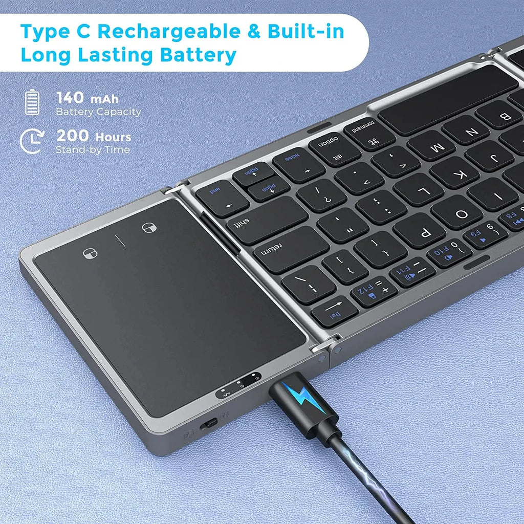 3-Folding Keyboard Tri-Bluetooth Keyboard with Touchpad for PC Windows Android IOS Phone Mini Keyboard Rechargeable Keyboard