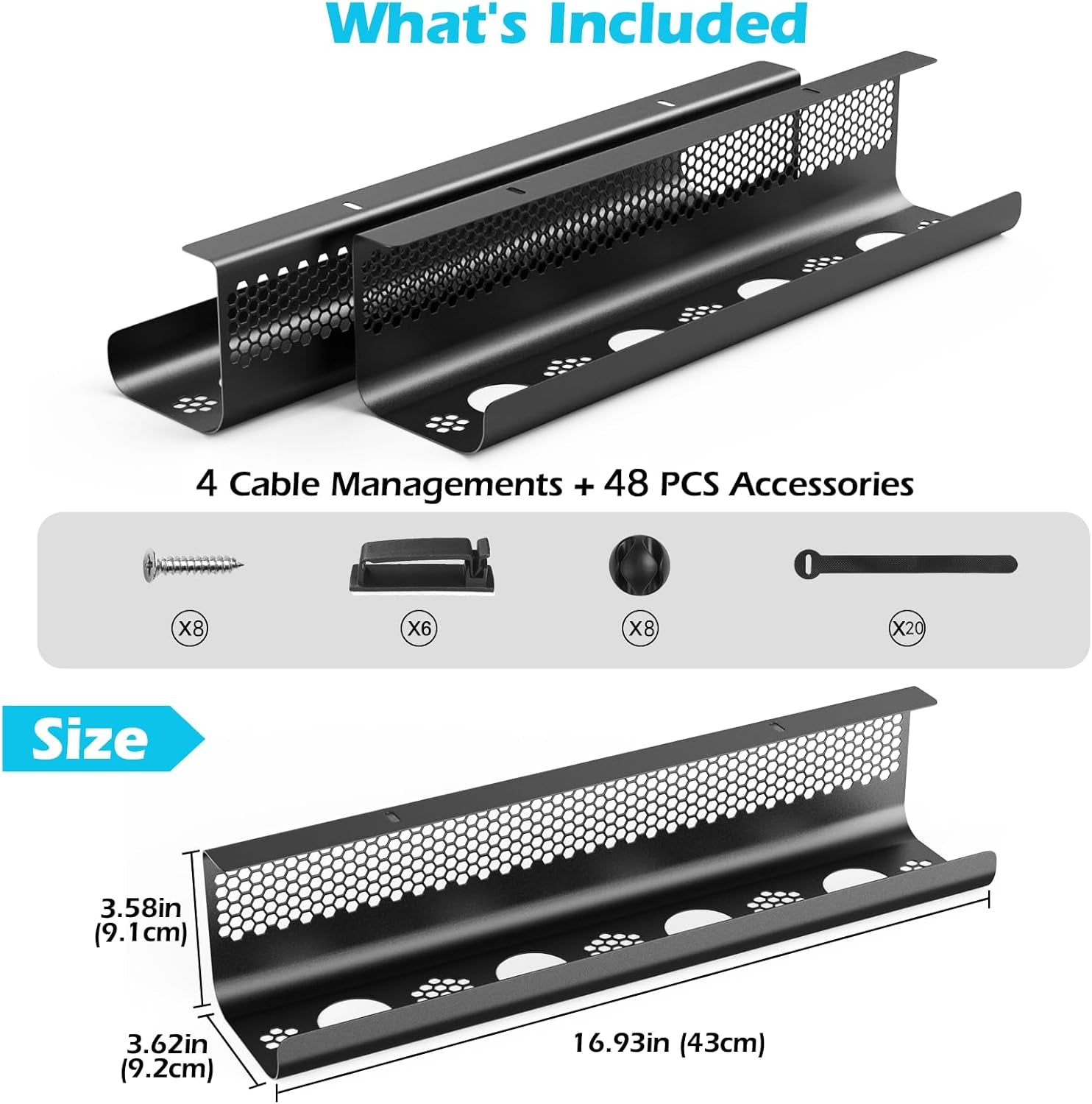 under Desk Cable Management Tray - 4 Pack Cable Management under Desk, Management Tray for Tidy Office and Home (Black)