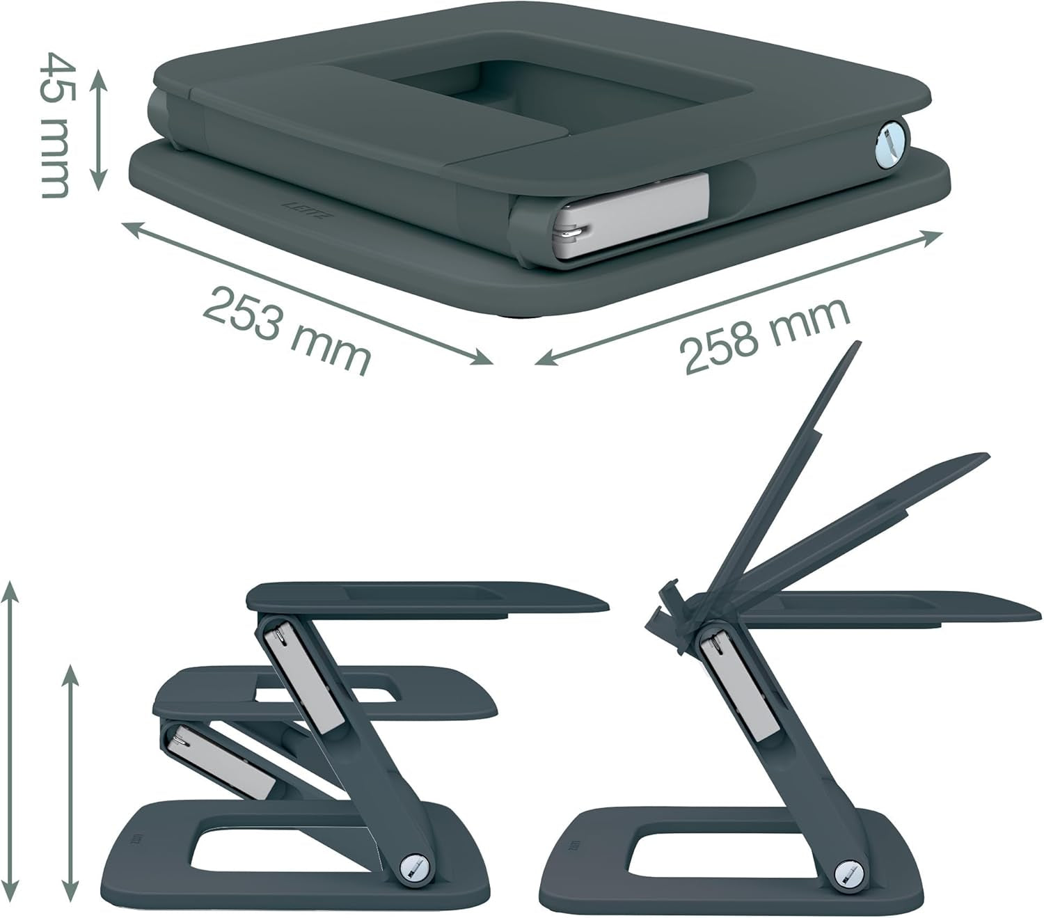 Height Adjustable Multi-Angle Laptop Stand, 80% Recycled Plastic, Six Pre-Set Height & Angle Combinations, Compact Footprint, 100% Recyclable, Ergo Range, Dark Grey, 64240089