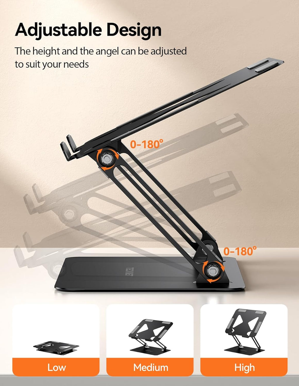 Laptop Stand for Desk, Ergonomic Laptop Riser for Desk, Metal Portable Laptop Holder, Adjustable Ipad Notebook Stand for All 11-17.3 Inch Laptops, Black