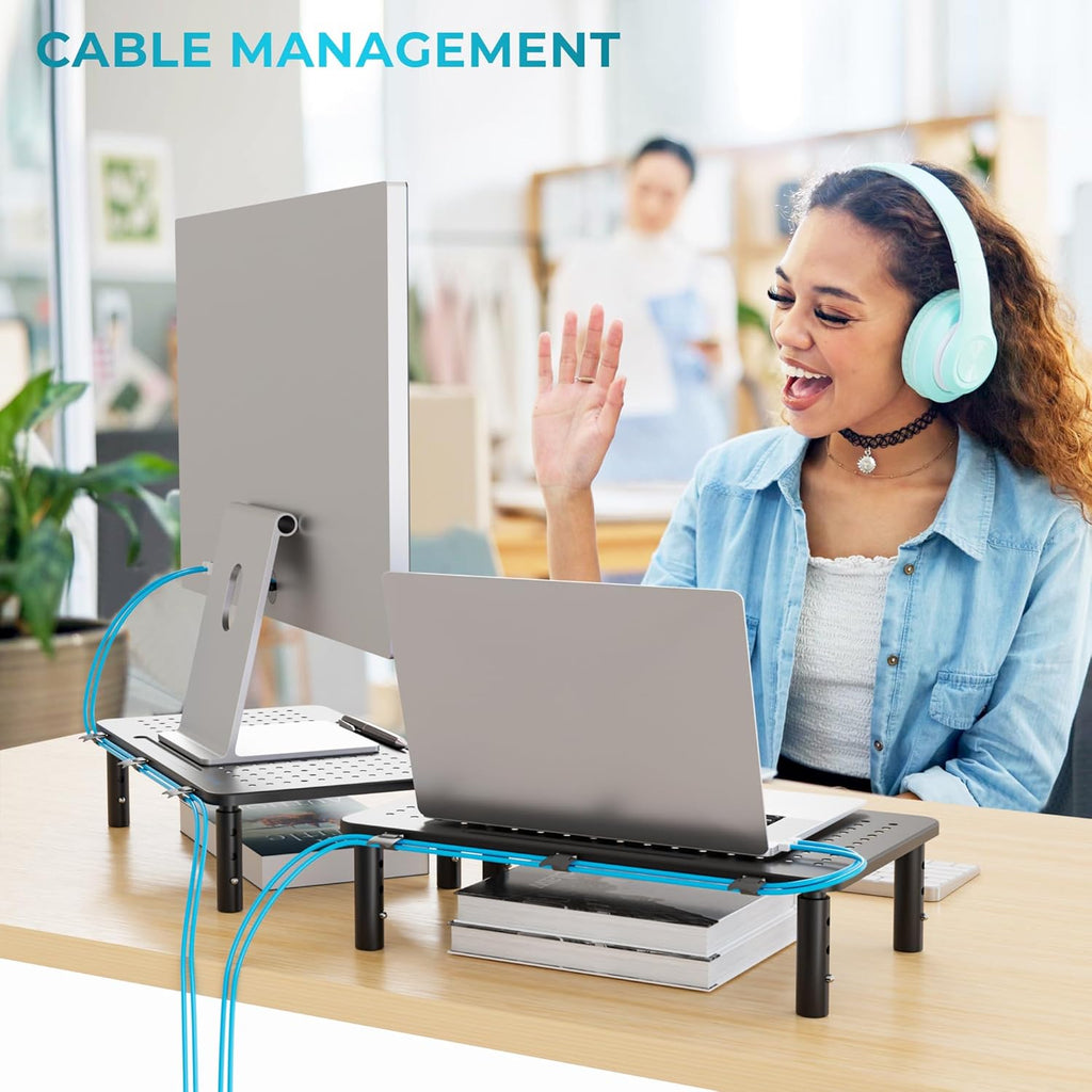 Metal Monitor Stand, Adjustable Height Riser for Desk, Ergonomic 3-Level Desk Organizer with Cable Management, Laptop & Computer Monitor Stand up to 20KG, 2 Pack