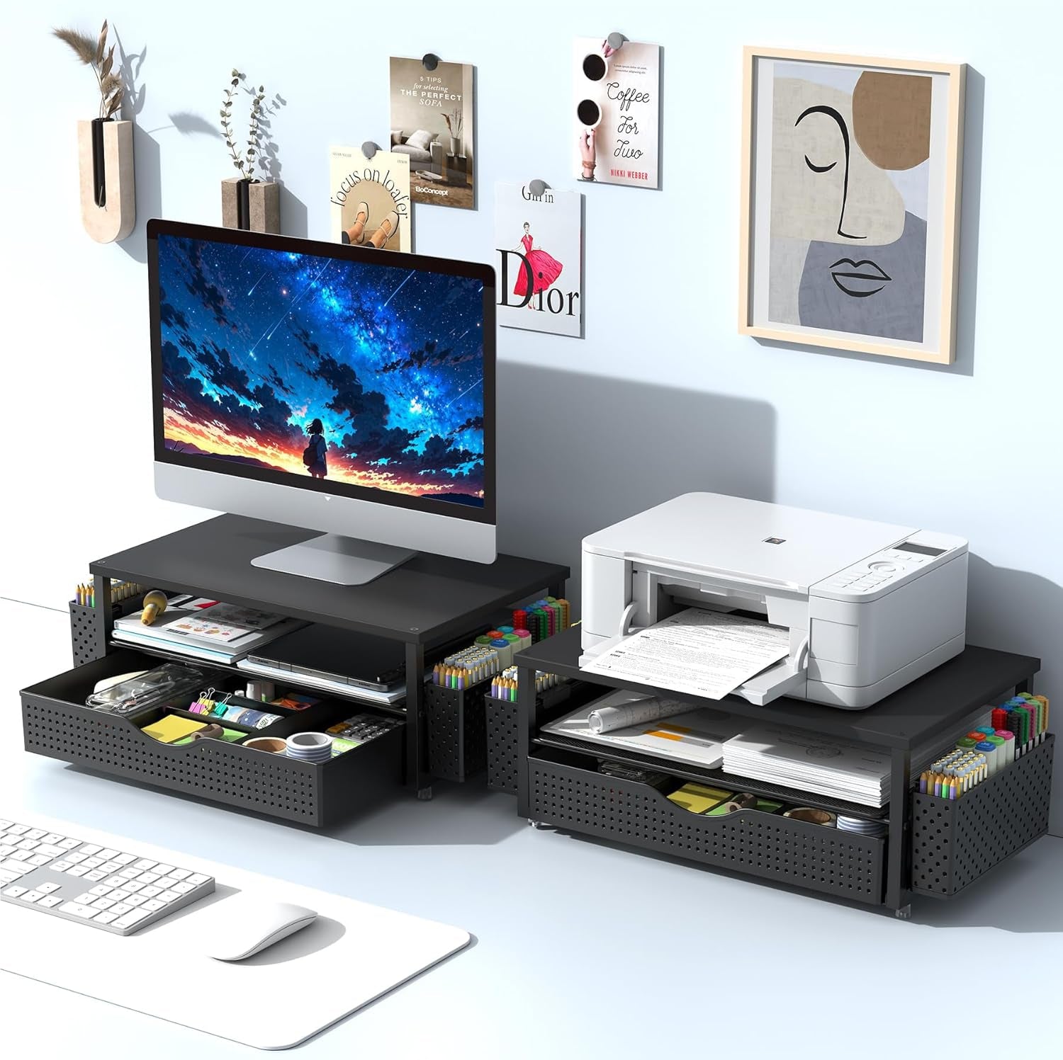 Monitor Stand with Drawer, Desk Organiser and Accessories, 2-Tier Computer Monitor Stand Riser with Drawer and 2 Pen Holder, Laptop Stand, Office Desk Accessories for Desk Tidy
