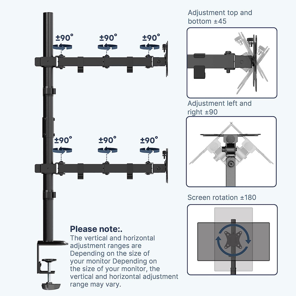 Dual Monitor Stand- Vertical Stack Monitor Desk Mount for Two Screens up to 32 Inch Height Adjustable Screen Supports with Swivel, Tilt, Rotation, C-Clamp and Grommet Bases