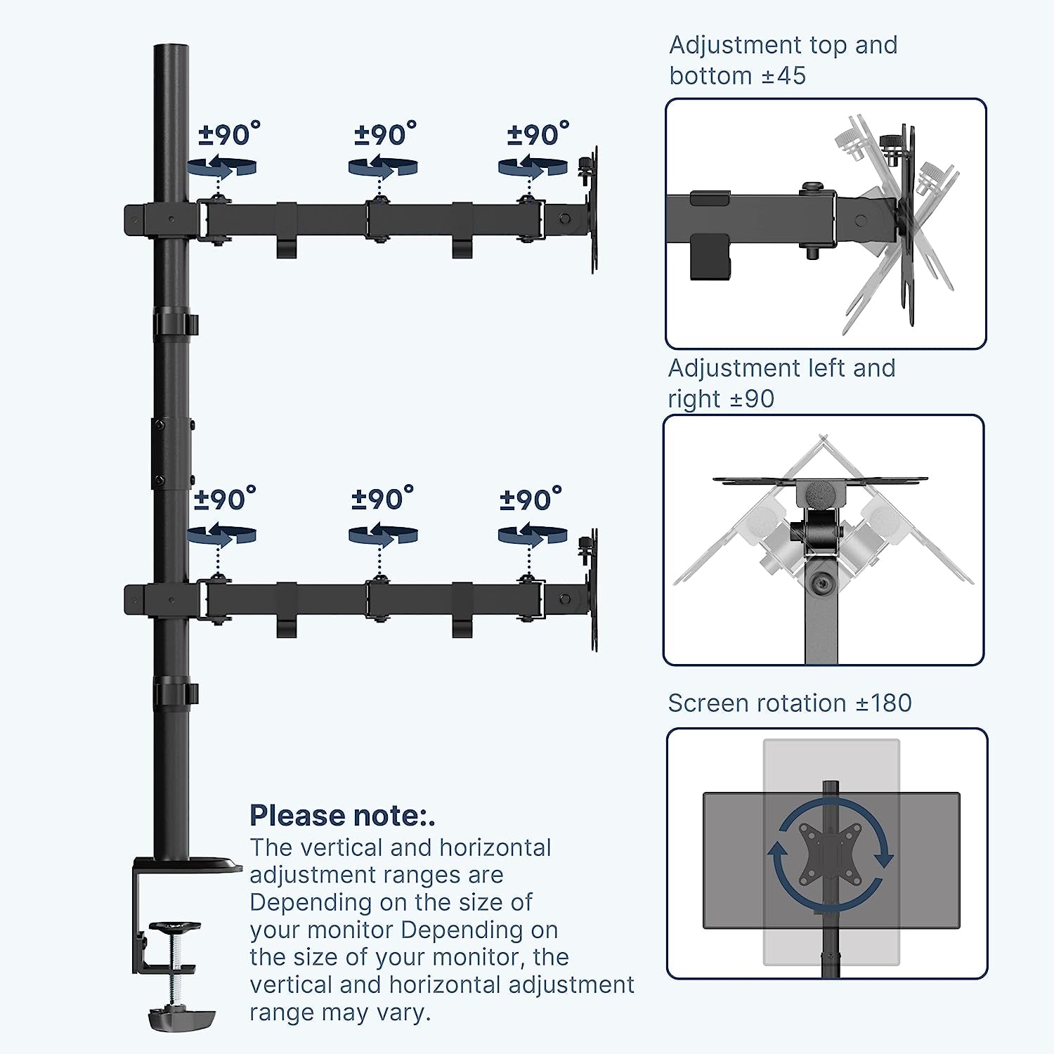 Dual Monitor Stand- Vertical Stack Monitor Desk Mount for Two Screens up to 32 Inch Height Adjustable Screen Supports with Swivel, Tilt, Rotation, C-Clamp and Grommet Bases