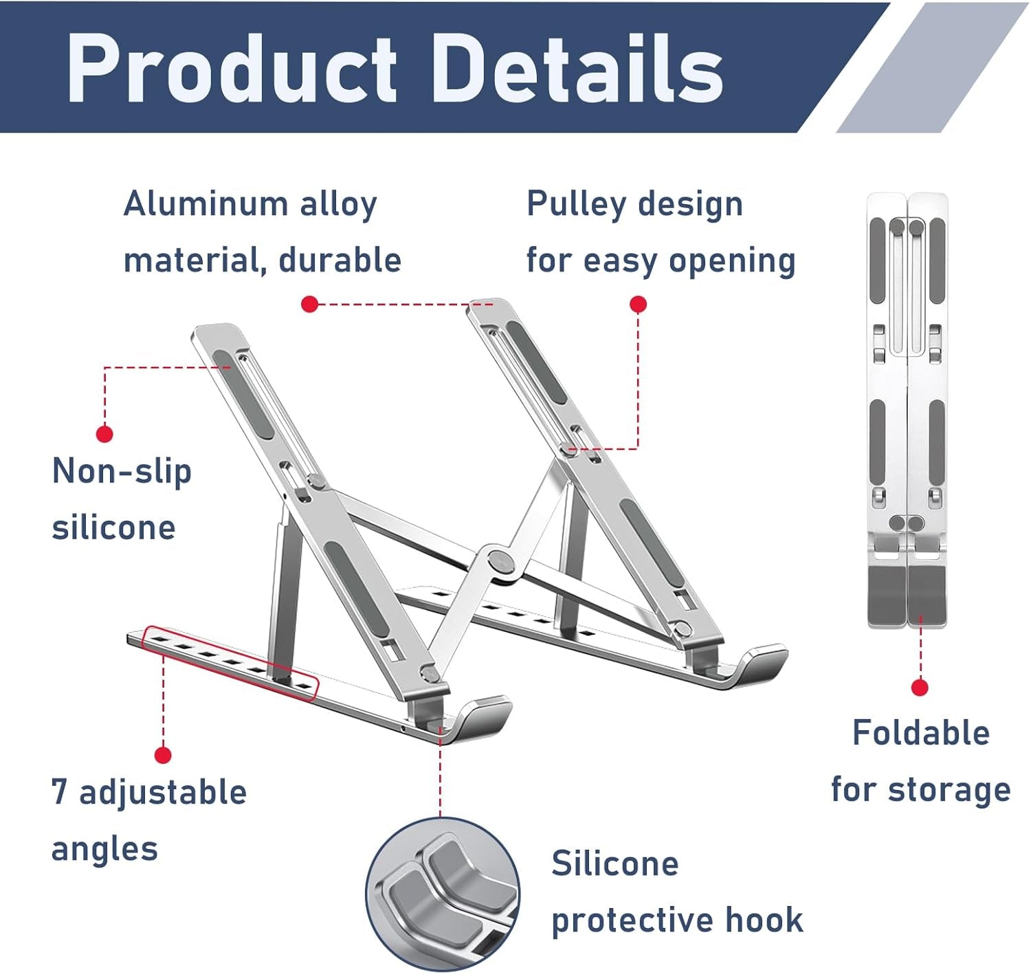 Laptop Stand for Desk, Adjustable Laptop Riser, Foldable Portable Aluminum Riser for Laptop & Tablet, Ergonomic Computer Holder for Home Office, 7 Adjustable Angles, Non Slip Heat Dissipation, 10-20”