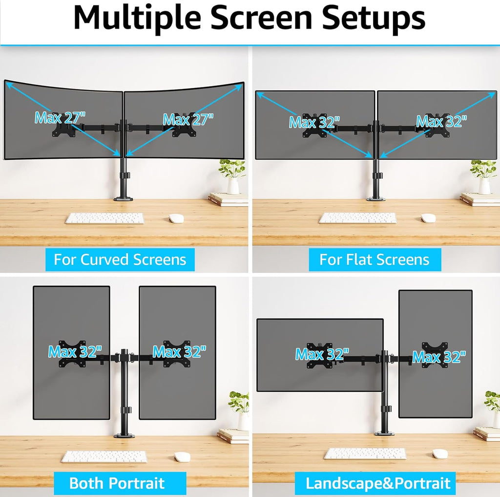Dual Monitor Stand, Adjustable Monitor Arm Desk Mount for 13-32 Inch Screens, Double Arm with Tilt Swivel Rotate, VESA: 75X75Mm & 100X100Mm, EU0002
