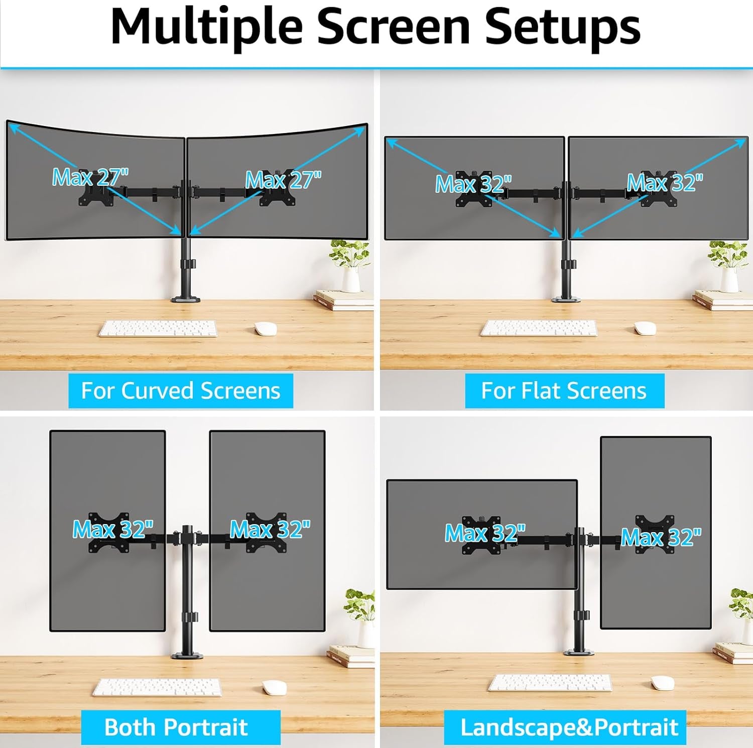 Dual Monitor Stand, Adjustable Monitor Arm Desk Mount for 13-32 Inch Screens, Double Arm with Tilt Swivel Rotate, VESA: 75X75Mm & 100X100Mm, EU0002