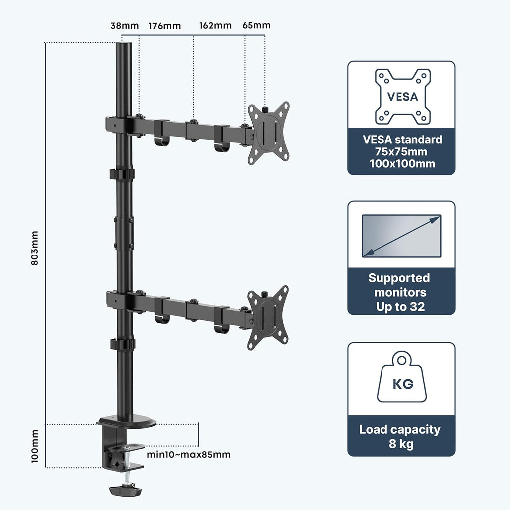 Dual Monitor Stand- Vertical Stack Monitor Desk Mount for Two Screens up to 32 Inch Height Adjustable Screen Supports with Swivel, Tilt, Rotation, C-Clamp and Grommet Bases
