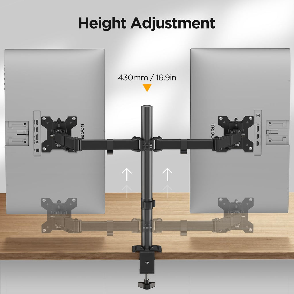 Dual Monitor Stand for 13-27 Inch Holds Screens, Ergonomic Height Adjustable Monitor Arm with Rotate 360°/ Adjustable Tilt ±72°/ Swivel 360°, VESA 75/100Mm