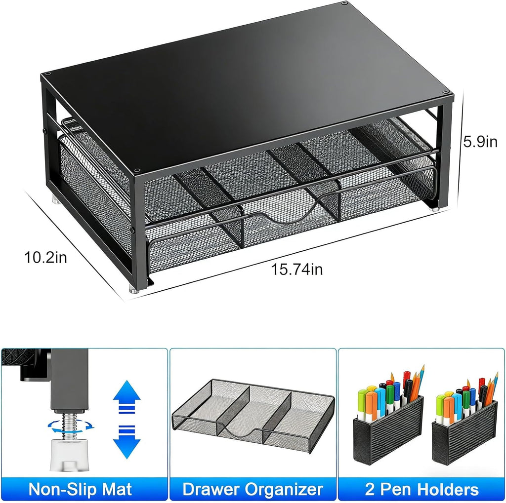 Monitor Stand with Drawer, Desk Organiser and Accessories, 2-Tier Computer Monitor Stand Riser with Drawer and 2 Pen Holder, Laptop Stand, Office Desk Accessories for Desk Tidy