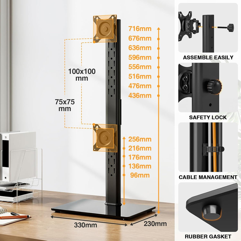 Dual Monitor Stand for 13-38 Inch Screens, Vertical Monitor Stand for Desk, Rotation & Swivel Arms, Height Adjustable 2 Mount Stand with VESA 75X75/100X100Mm up to 20KG