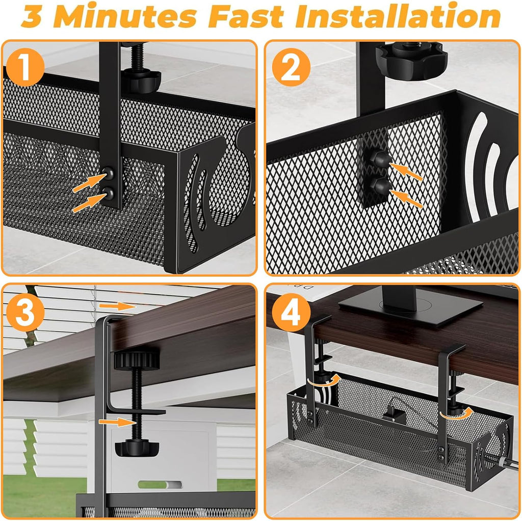 Cable Management, 39CM Long under Desk Cable Management No Drill, Metal Cable Tidy with Clamp for Standing Desk, Cable Organiser for Home Office, Black