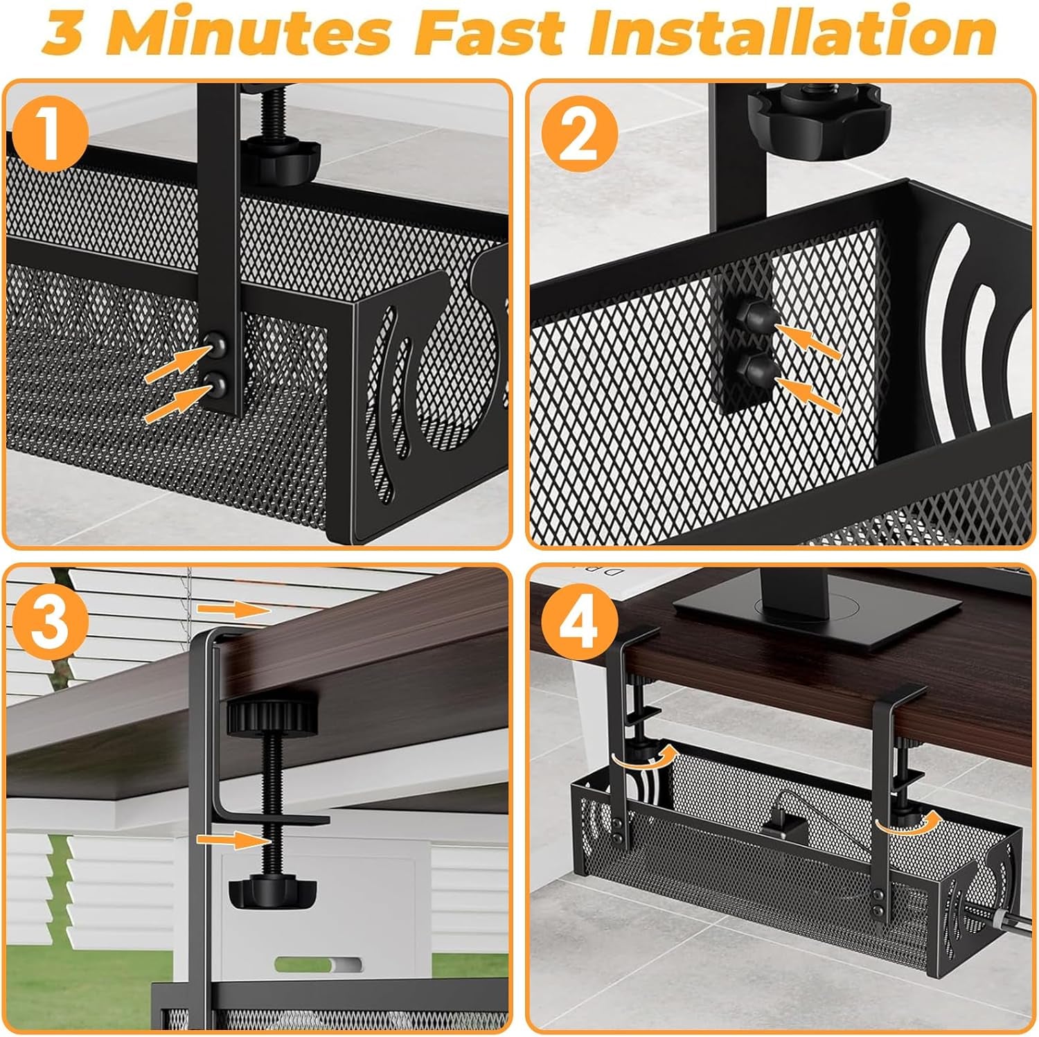 Cable Management, 39CM Long under Desk Cable Management No Drill, Metal Cable Tidy with Clamp for Standing Desk, Cable Organiser for Home Office, Black