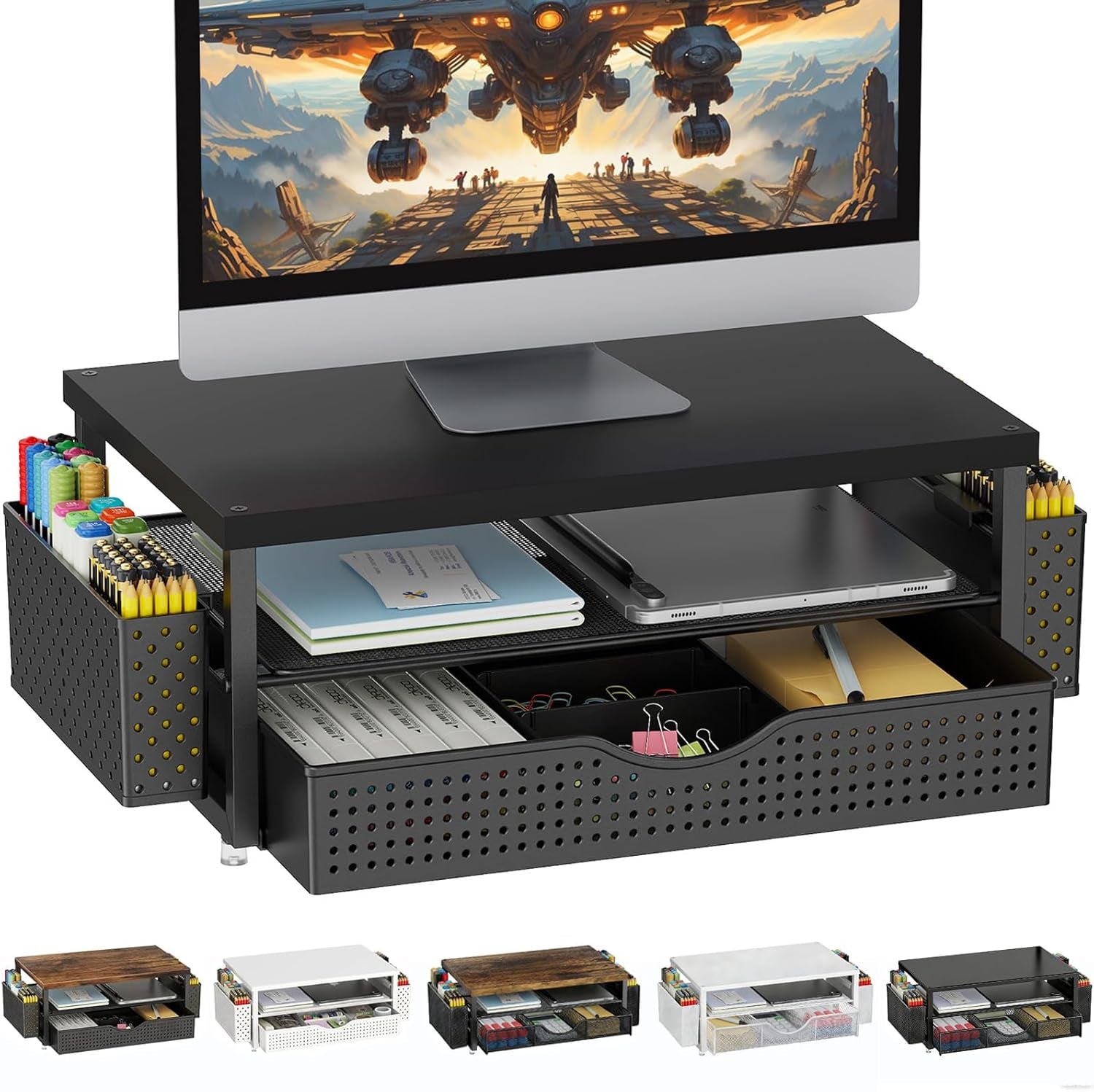 Monitor Stand with Drawer, Desk Organiser and Accessories, 2-Tier Computer Monitor Stand Riser with Drawer and 2 Pen Holder, Laptop Stand, Office Desk Accessories for Desk Tidy