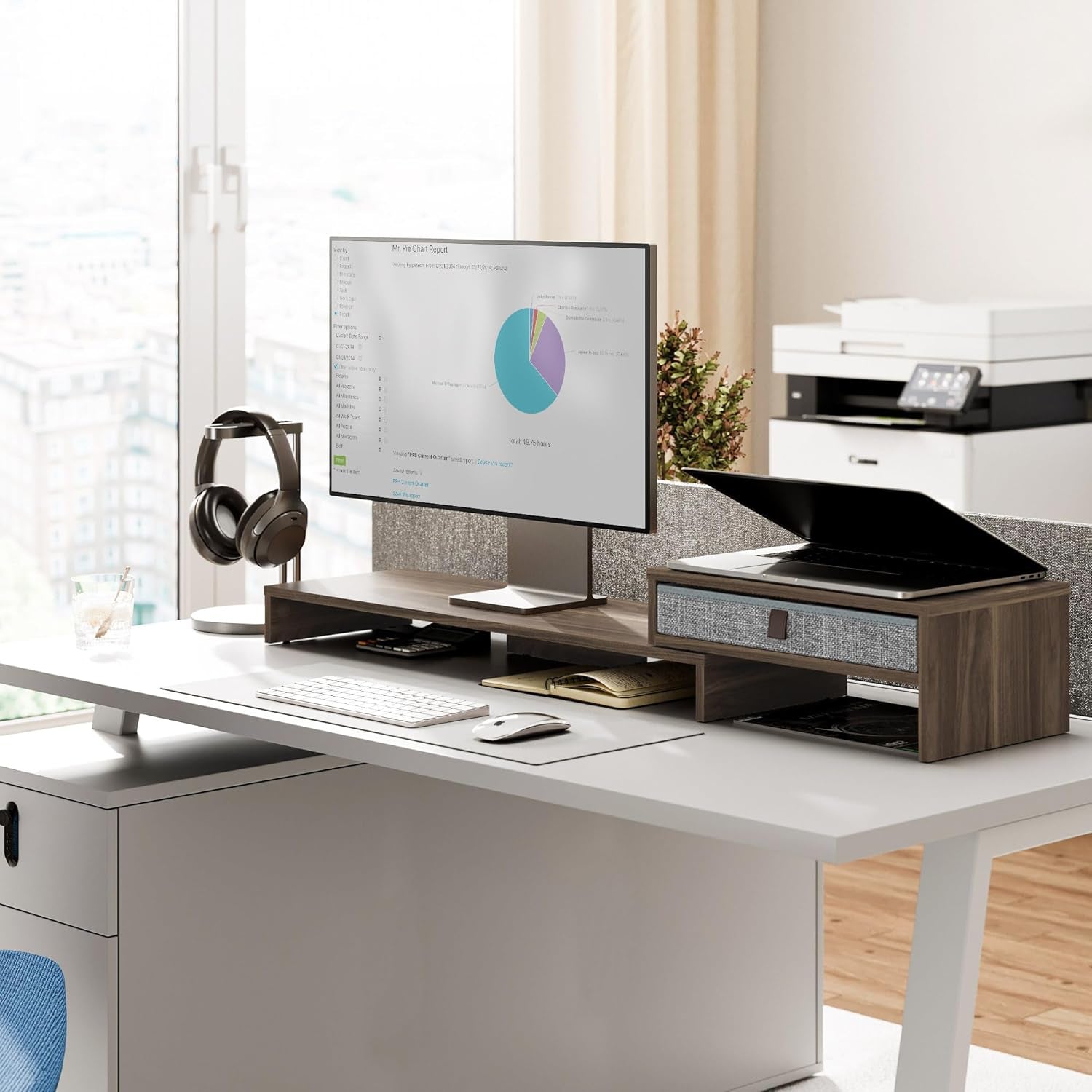 Monitor Stand Riser with Drawer 2 Shelf with Swivel and Adjustable Wood Computer Monitor Stands for 2 Monitors PC Laptop, Desktop Organizer (Brown)