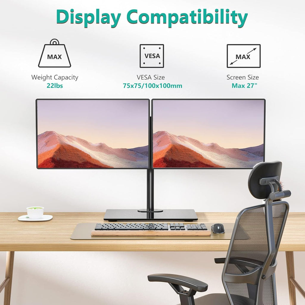 Dual Monitor Stand for 13 to 27 Inch Screen, Freestanding Arm with Tilt Swivel Rotate Extension, Height Adjustable, Holds up to 10 Kg/Arm, VESA 75 & 100Mm (GMF002)