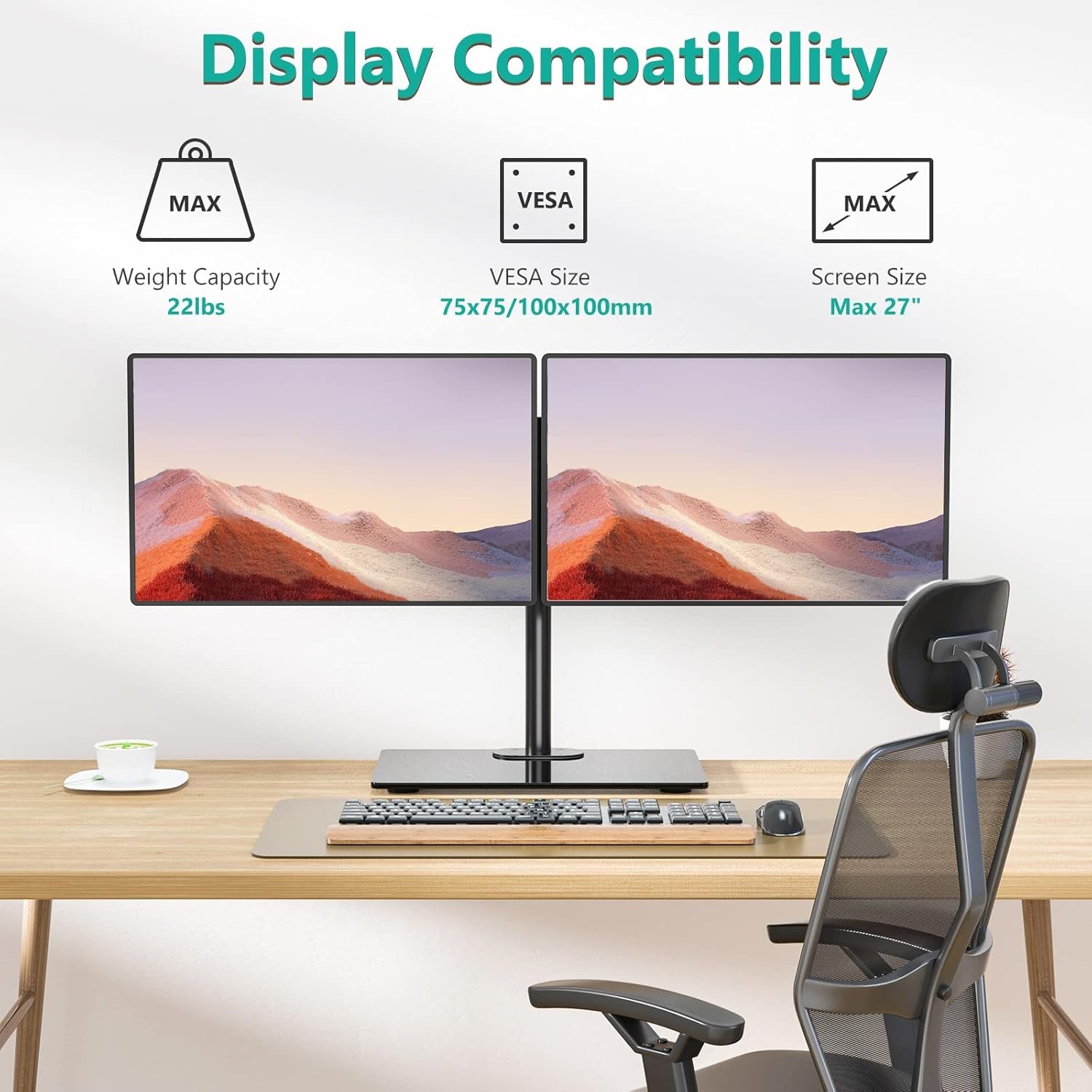 Dual Monitor Stand for 13 to 27 Inch Screen, Freestanding Arm with Tilt Swivel Rotate Extension, Height Adjustable, Holds up to 10 Kg/Arm, VESA 75 & 100Mm (GMF002)