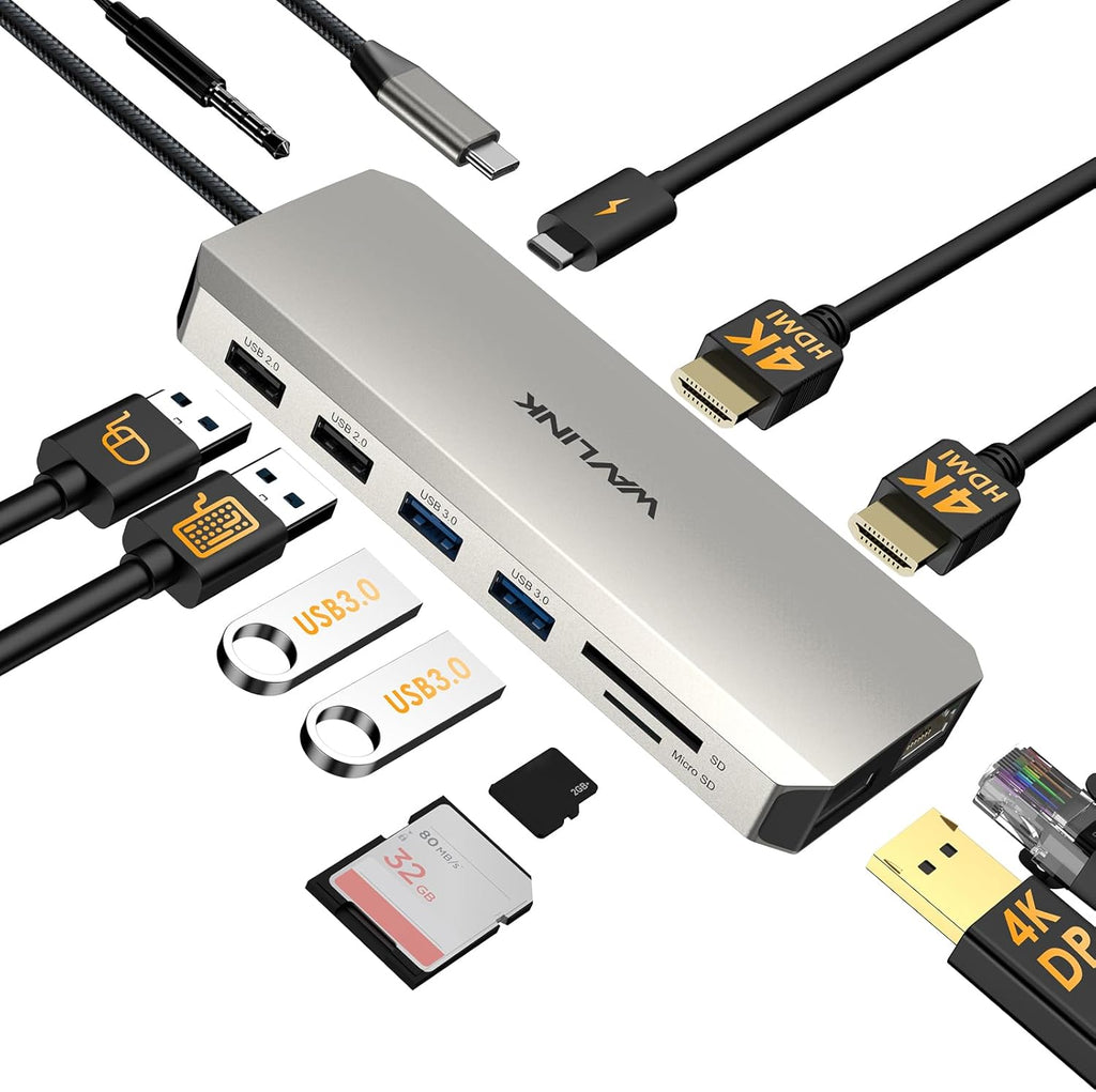 USB C Dual Monitor Docking Station, Docking Station with Two HDMI, DP, 100W PD, USB3.0&2.0, RJ45, SD/TF Slots, Audio/Microphone, Compatible with Windows Computers Only